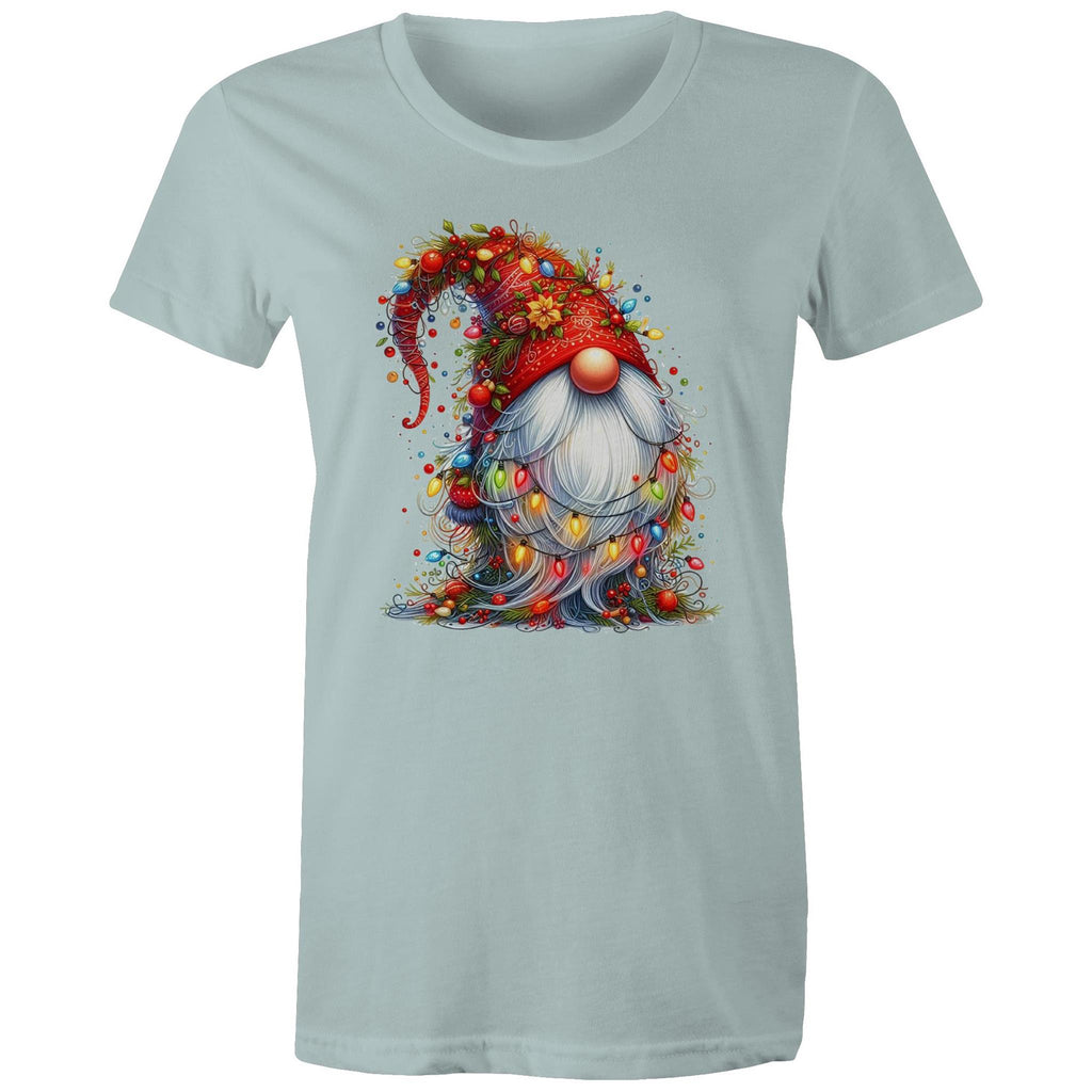 Christmas Gnome Wrapped In Lights - Womens T-shirt Pale Blue Womens Christmas T-shirt Christmas Printed In Australia