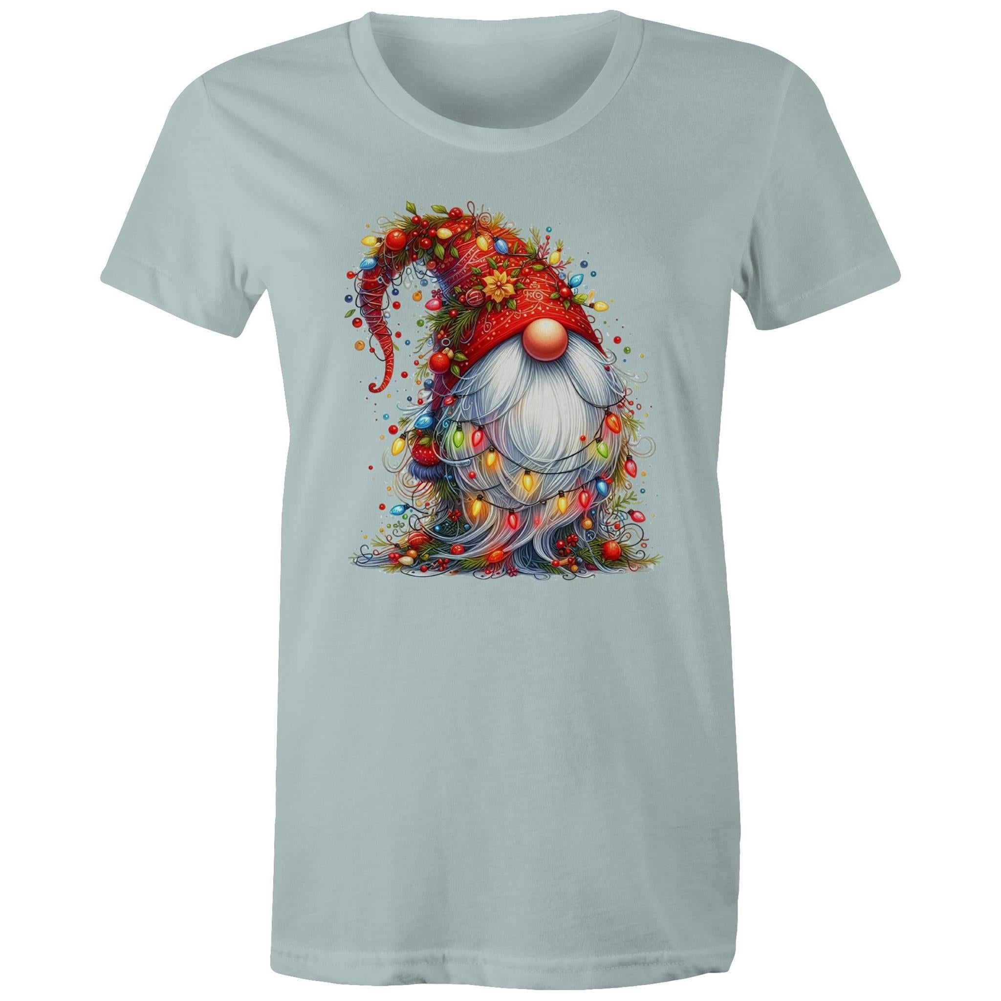 Christmas Gnome Wrapped In Lights - Womens T-shirt Pale Blue Womens Christmas T-shirt Christmas Printed In Australia
