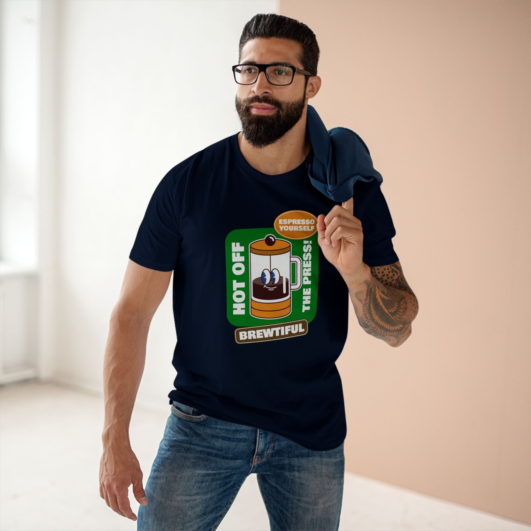 Brewtiful, Espresso Yourself - Men's Staple Tee Navy Mens Premium T-Shirt Coffee Printed in AU and US