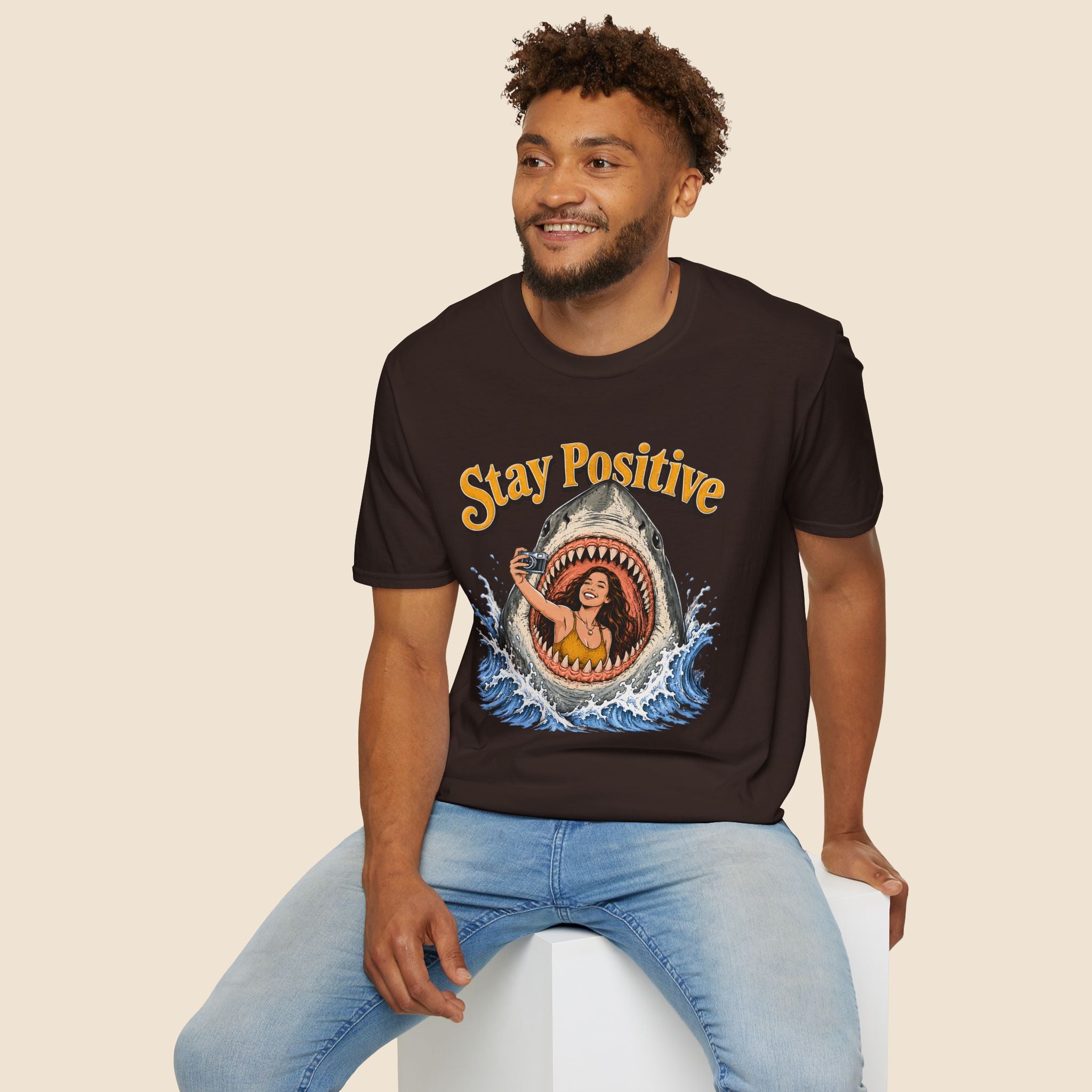 Stay Positive Shark Selfie Unisex T-Shirt Dark Chocolate Unisex Adult T-shirt Globally Fulfilled Ocean Retro