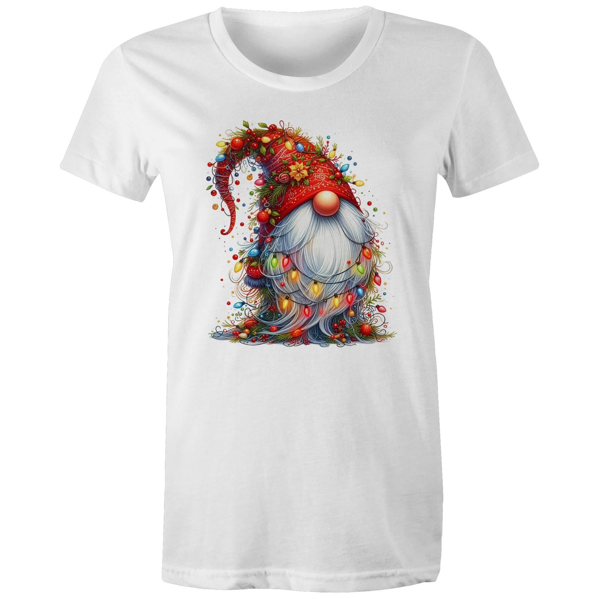 Christmas Gnome Wrapped In Lights - Womens T-shirt White Womens Christmas T-shirt Christmas Printed In Australia