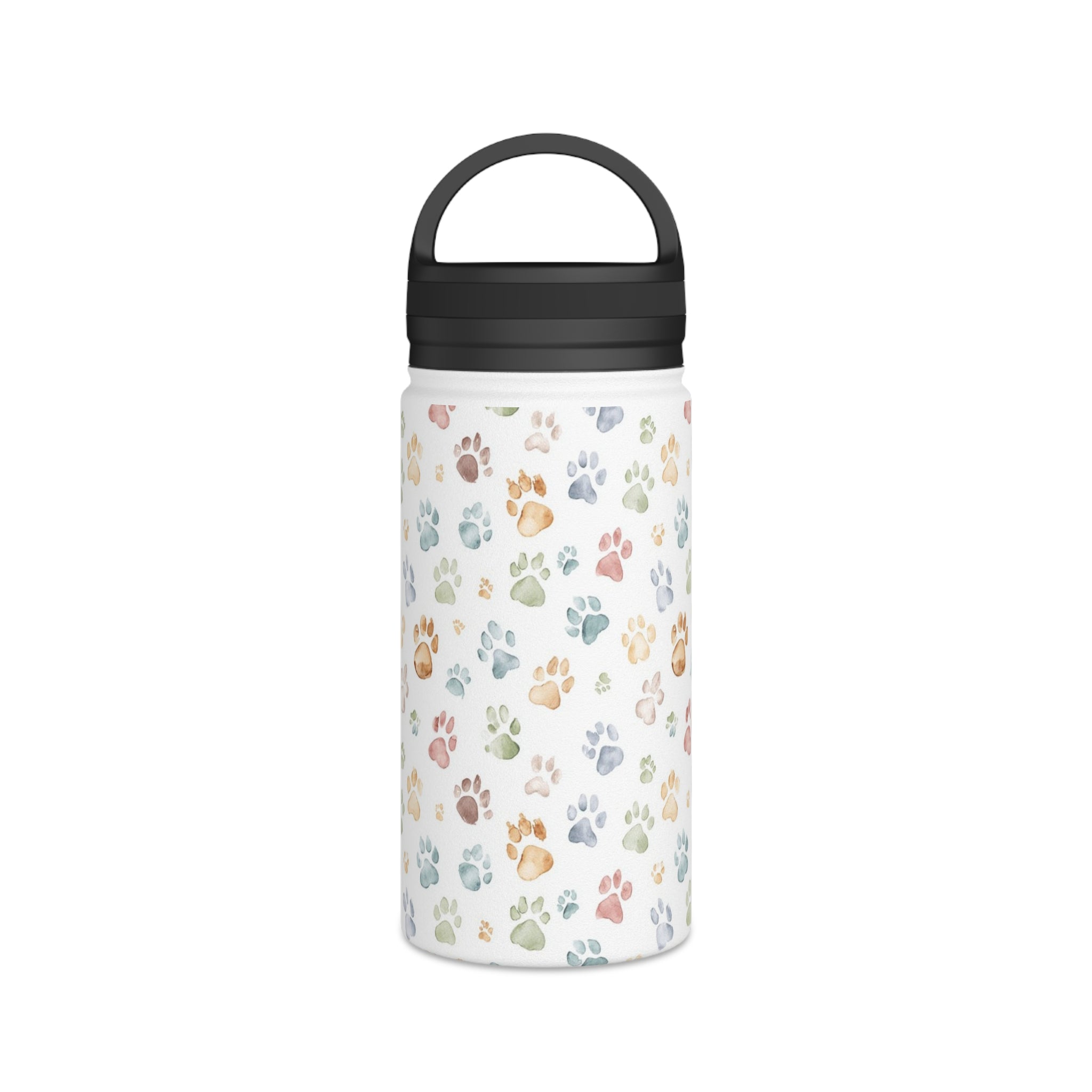 Paw Print - Stainless Steel Water Bottle, Handle Lid White 12oz Stainless Steel Water Bottle With Handle Lid animal Globally Fulfilled