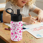 Pink Hearts On White 12oz Kids Water Bottle with Straw Lid