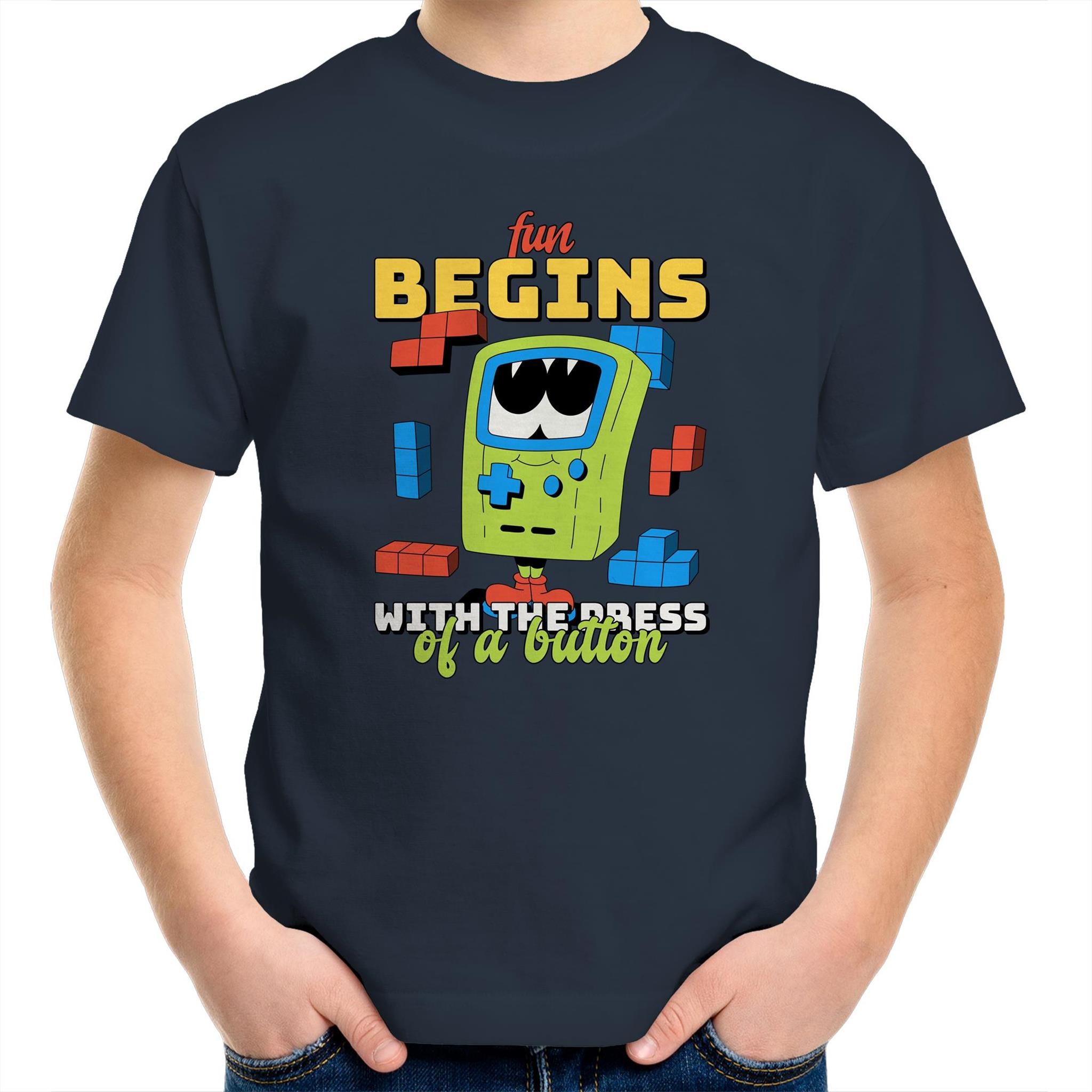 Fun Begins With The Press Of A Button, Video Game - Kids Youth T-Shirt Navy Kids Youth T-shirt Games Printed In Australia