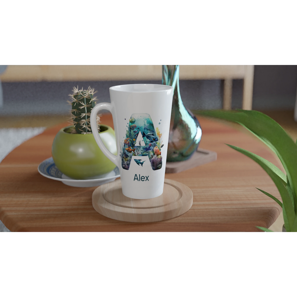 Coral Sea Initial - White Latte 17oz Ceramic Mug Personalised Latte Mug customise Globally Fulfilled Initial Name
