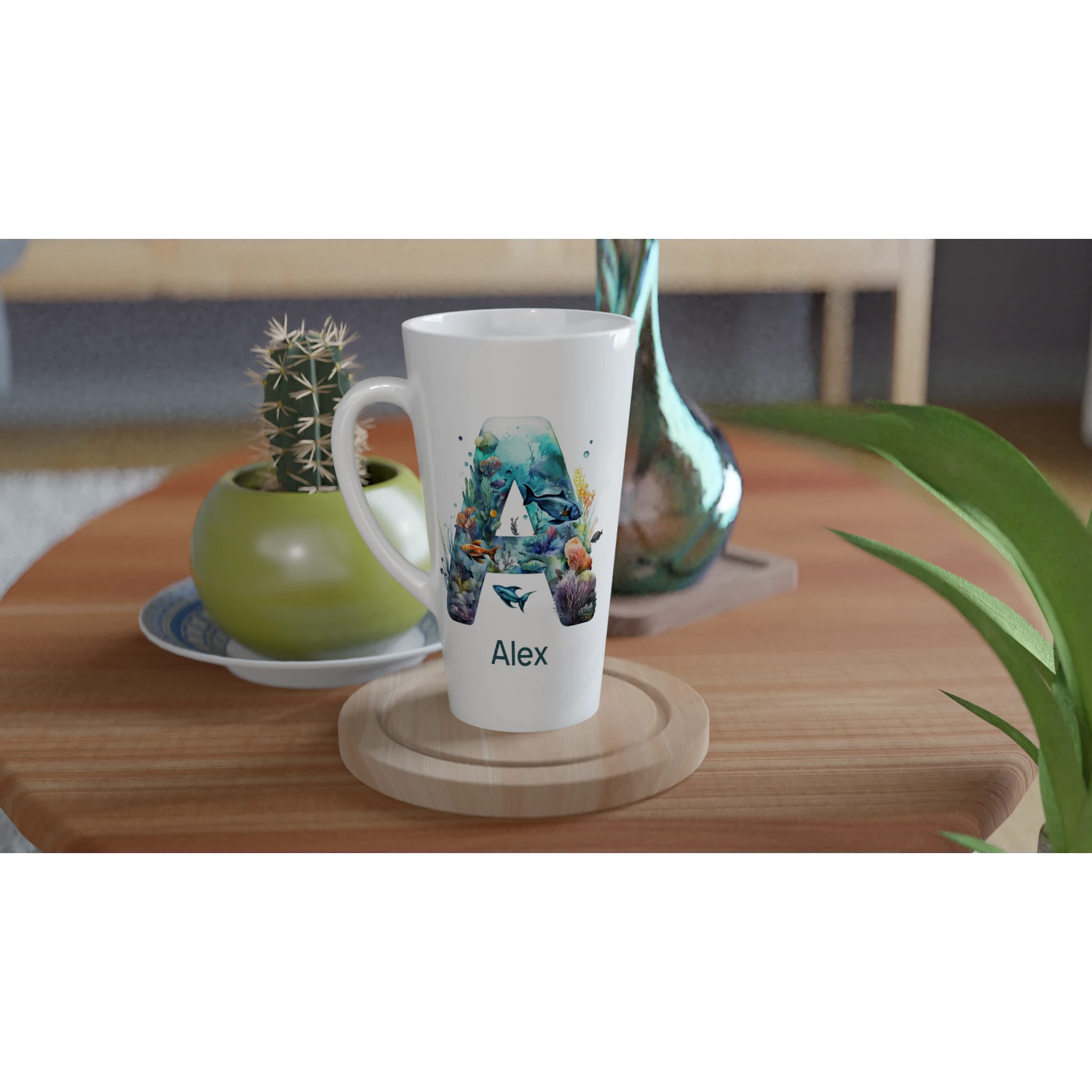 Coral Sea Initial - White Latte 17oz Ceramic Mug Personalised Latte Mug customise Globally Fulfilled Initial Name