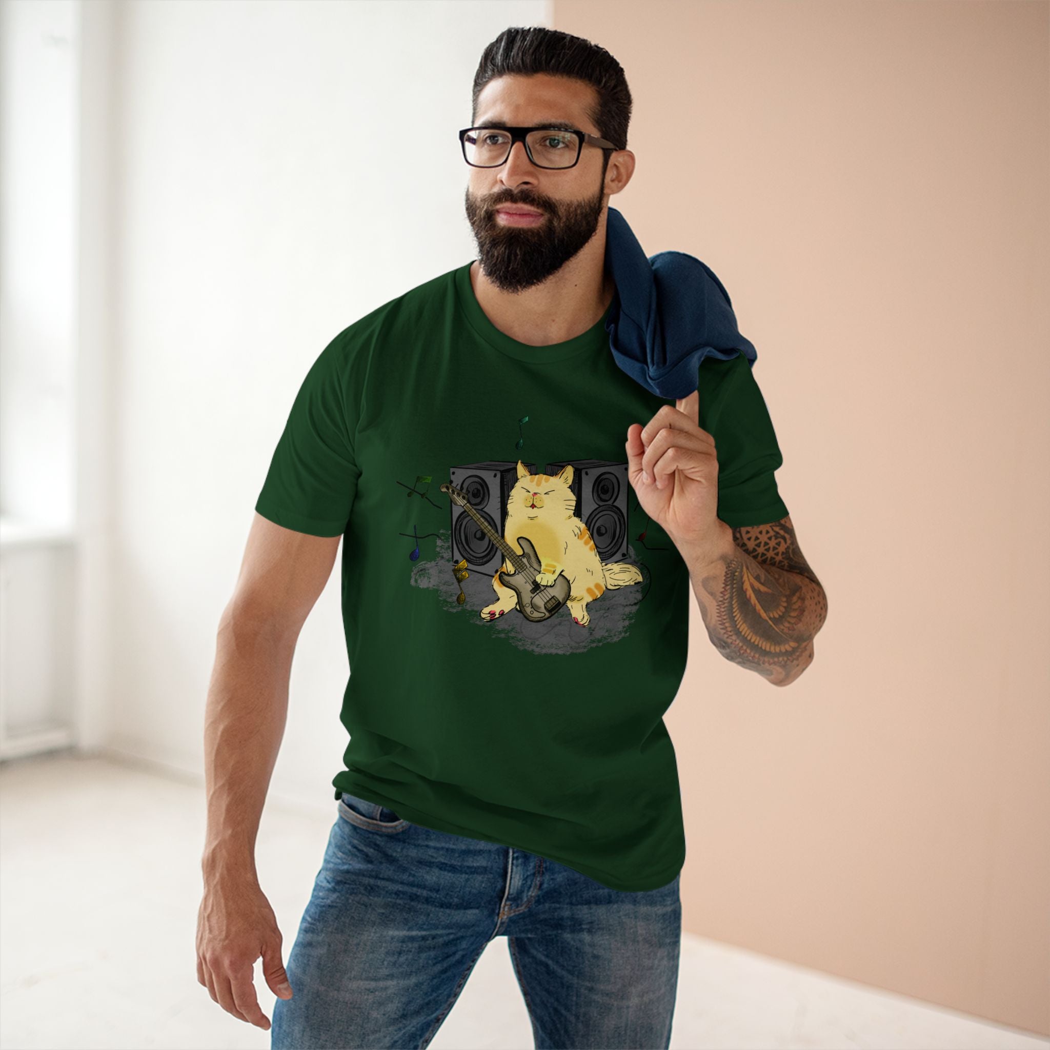 Cat Bass Player - Men's Staple Tee Forest Green Mens Premium T-Shirt Animal Music Printed in AU and US