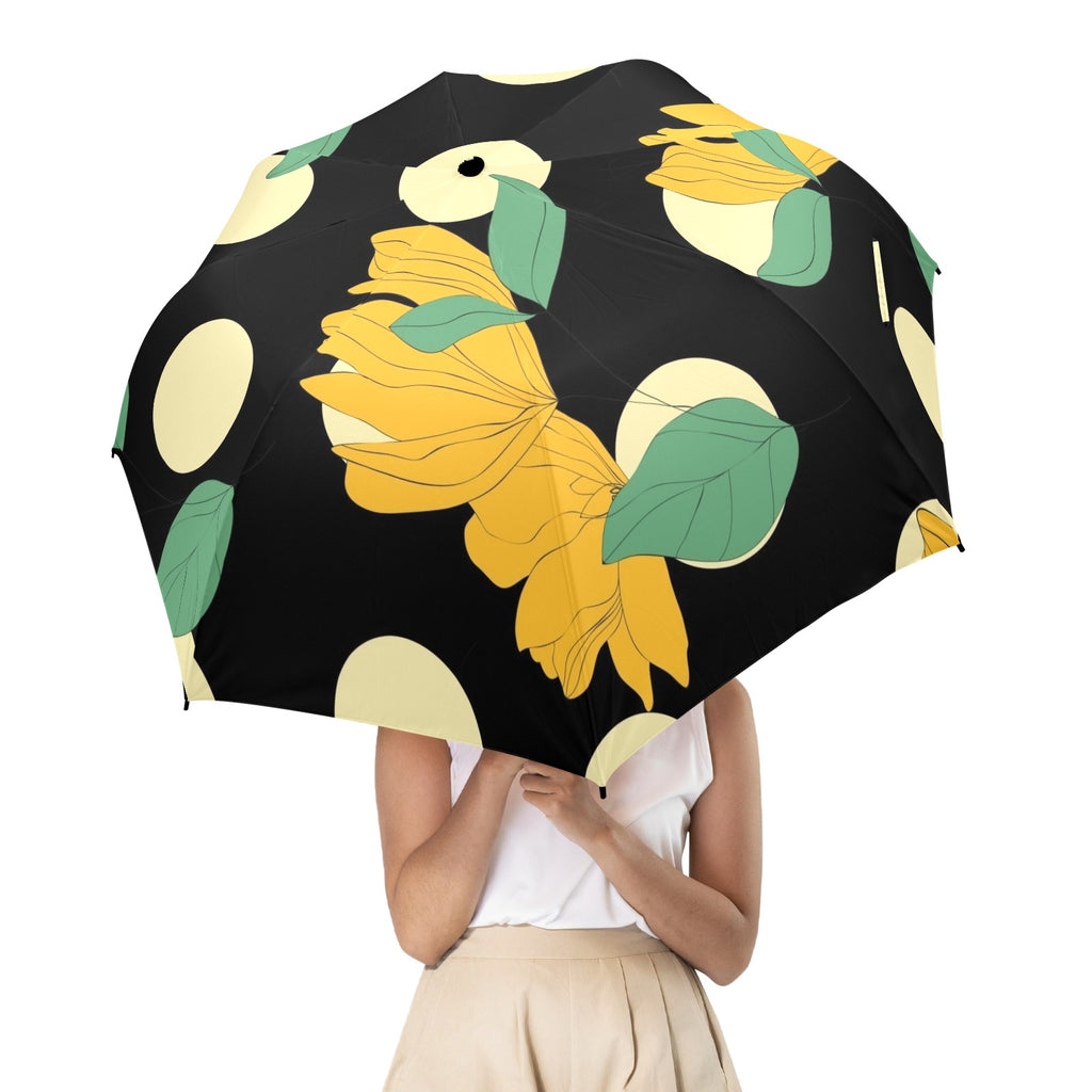 Yellow Flowers And Dots - Semi-Automatic Foldable Umbrella (Model U12) Semi-Automatic Foldable Umbrella (U12)