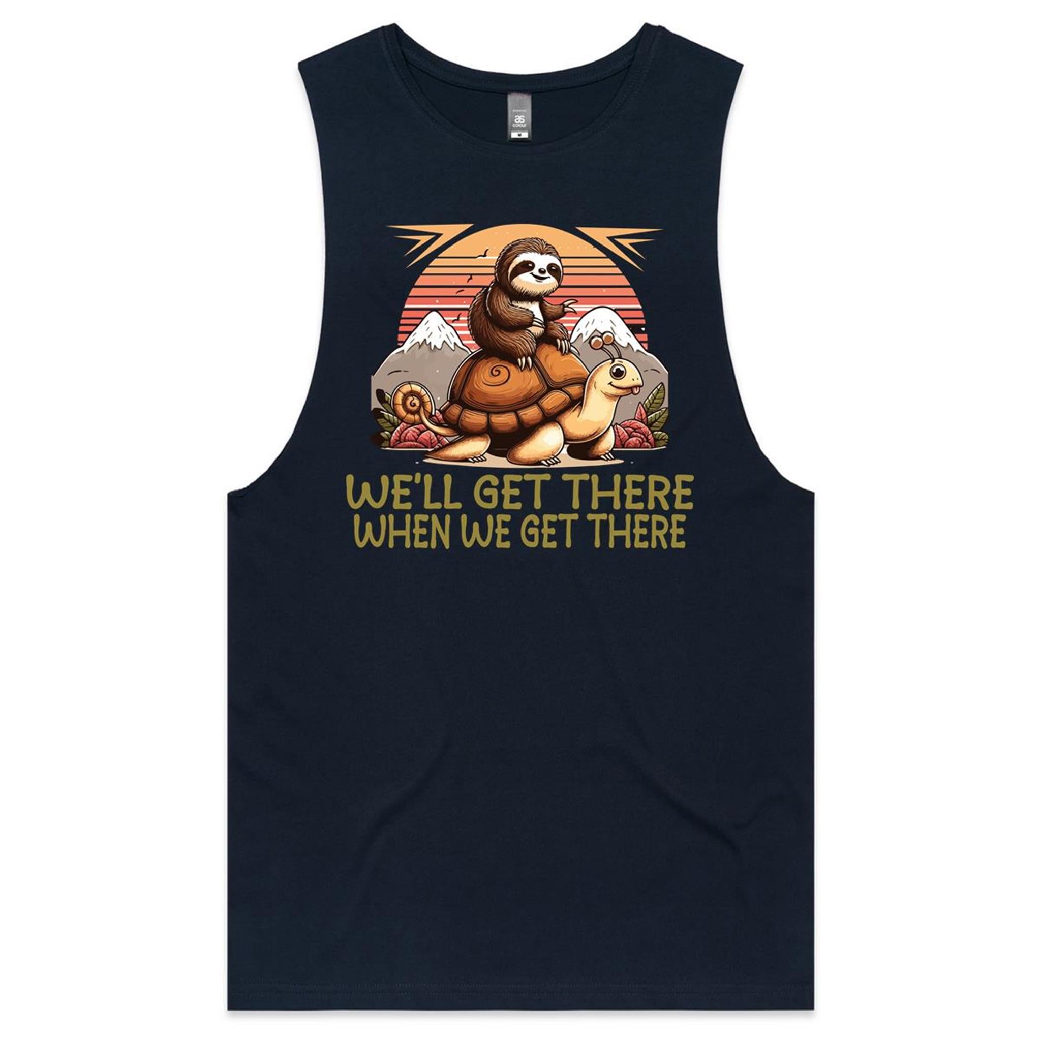 Sloth Race, We'll Get There When We Get There - Tank Top Tee Navy Drop Arm Tank Top Fitness Printed In Australia