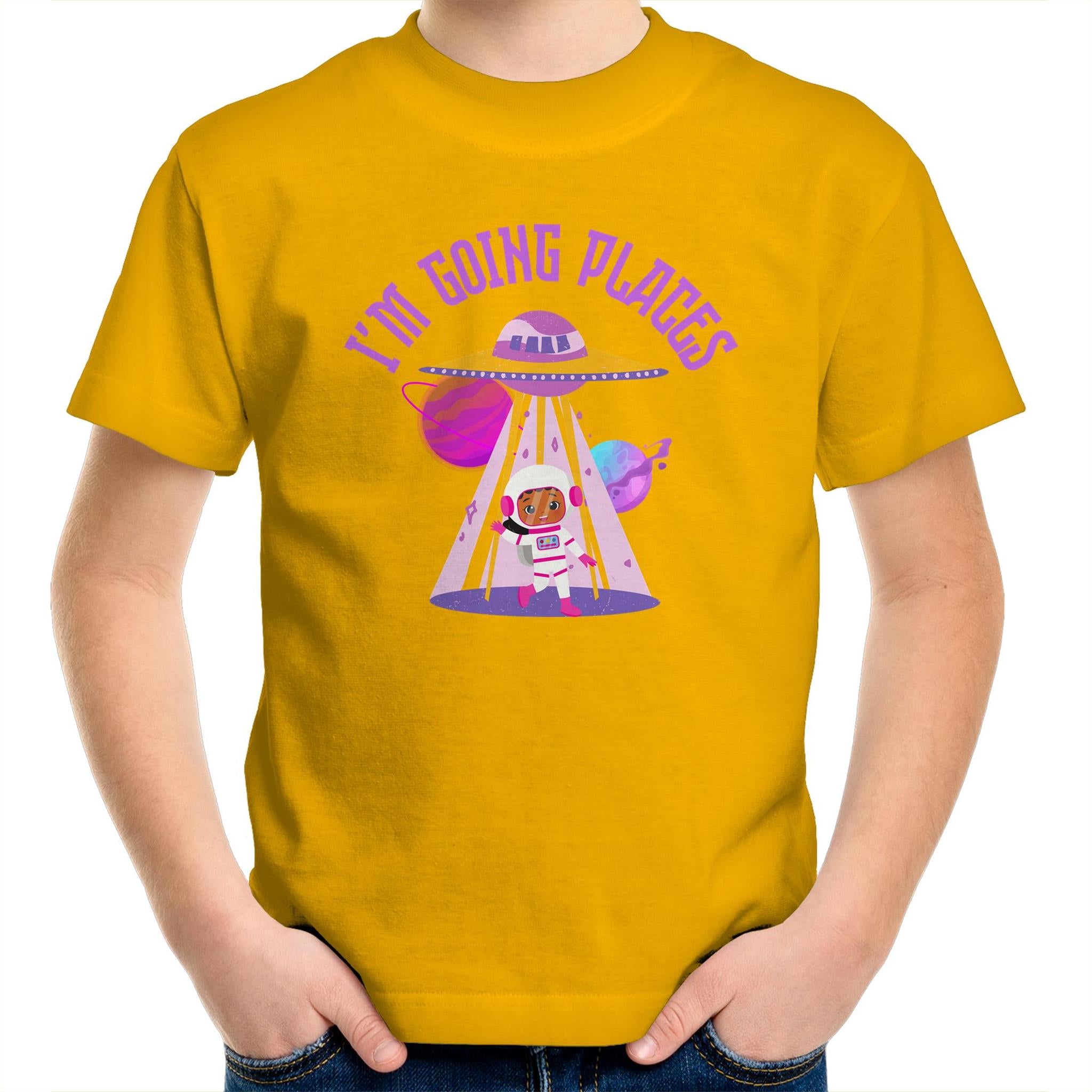 I'm Going Places, Space - Kids Youth T-Shirt Gold Kids Youth T-shirt Printed In Australia Space