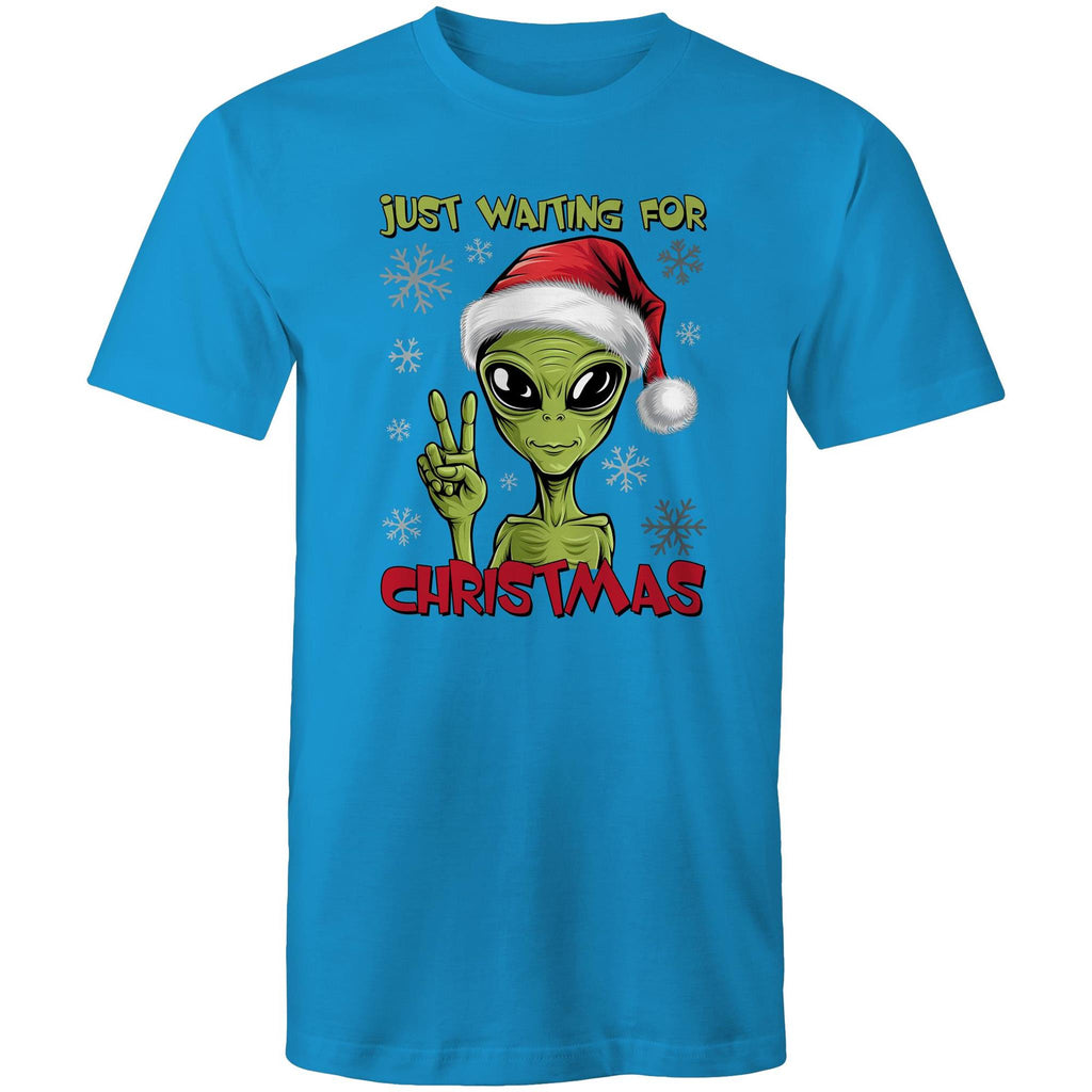 Just Waiting For Christmas, Alien - Mens T-Shirt Arctic Blue Mens Christmas T-shirt Christmas Printed In Australia