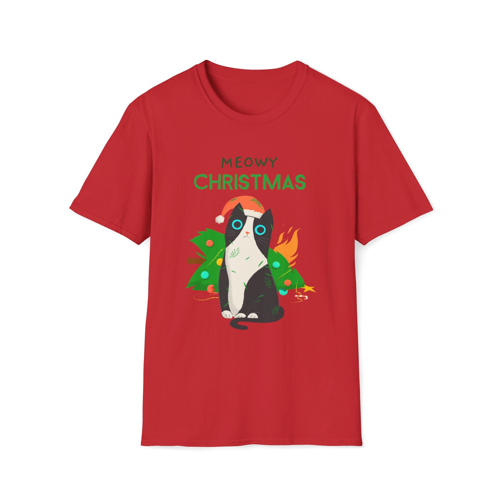 Meowy Christmas, Cat With Burning Christmas Tree - Unisex Softstyle T-Shirt