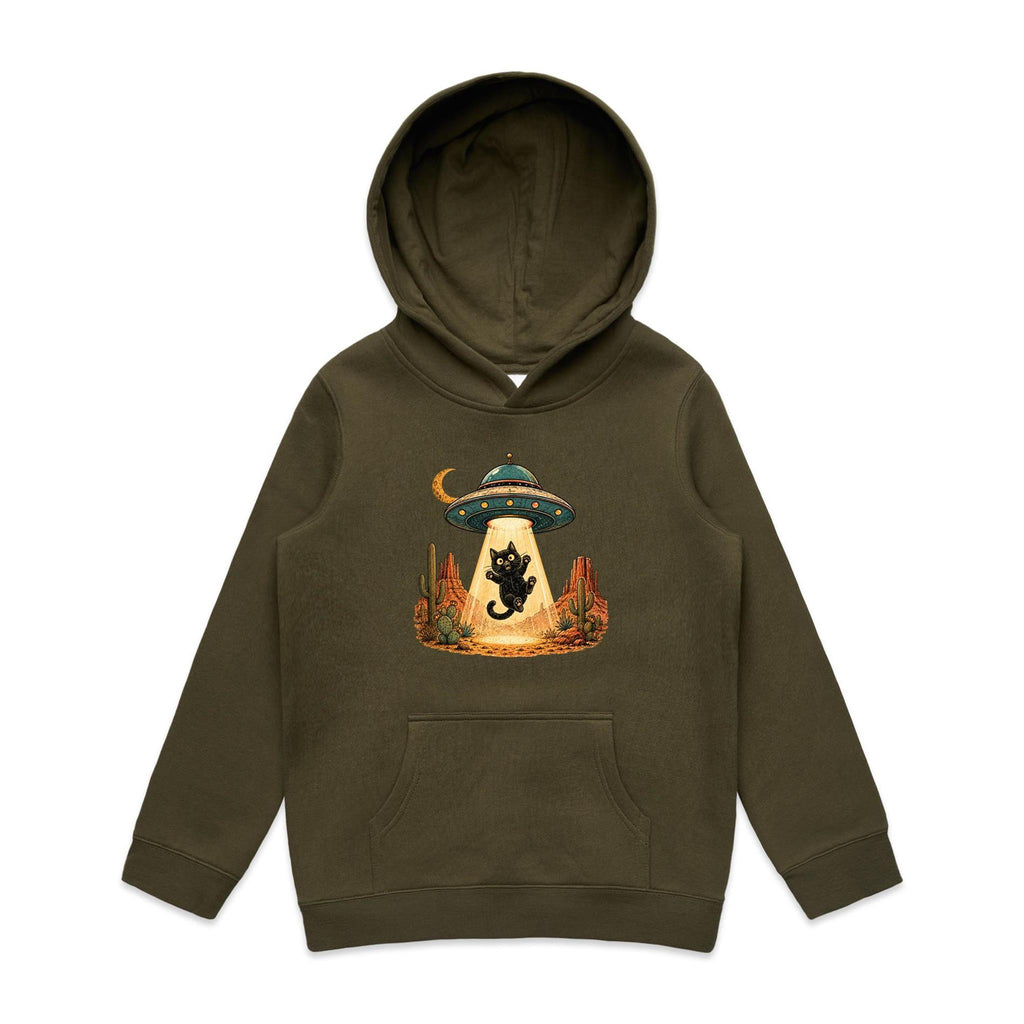 Black Cat Alien UFO Abduction Kids AS Colour Hoodie