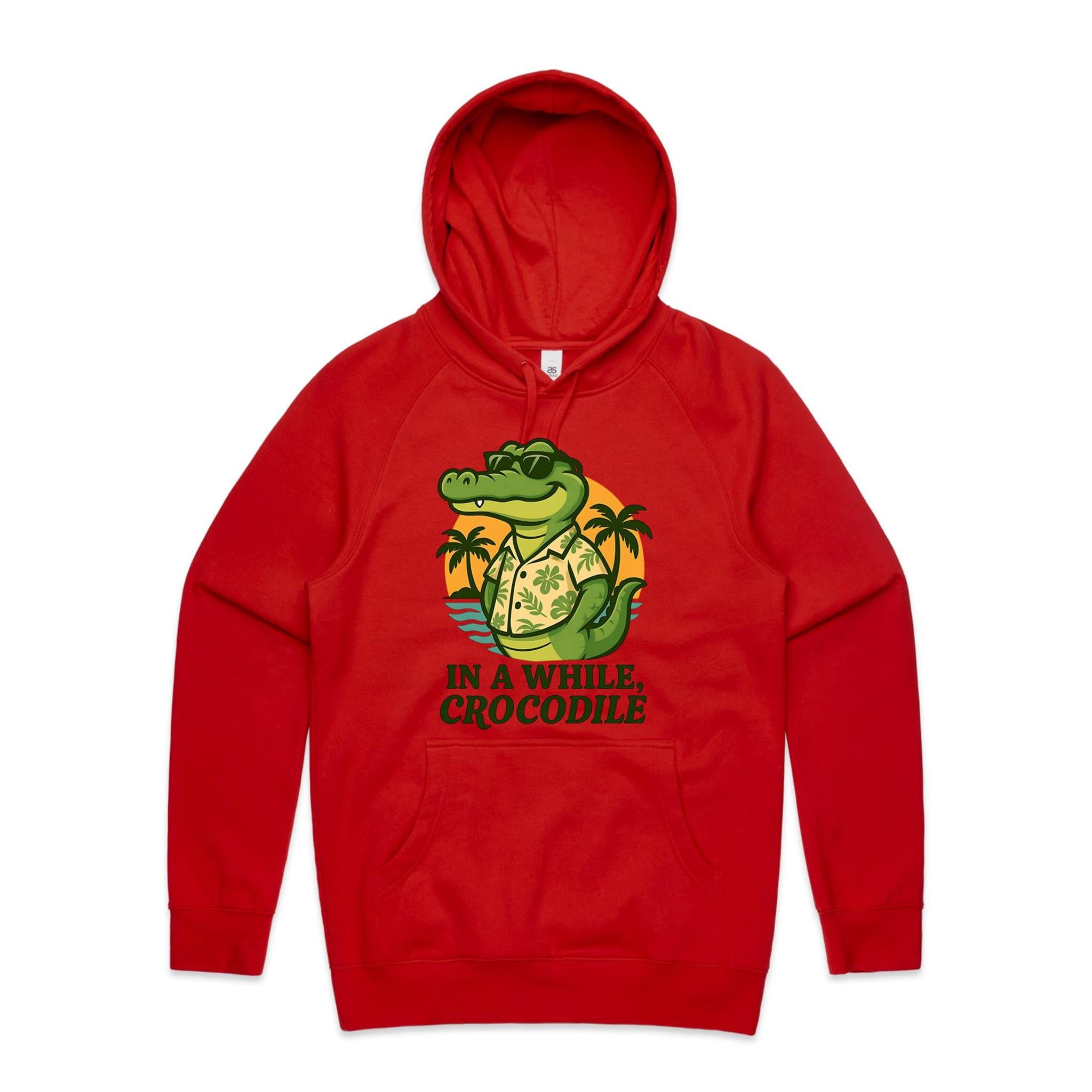 In A While, Crocodile Men's AS Colour Hoodie Red Mens Hoodie animal Printed In Australia