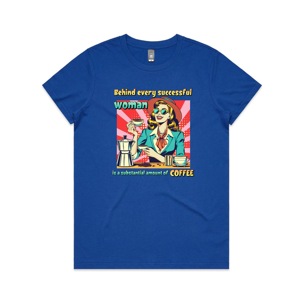 Retro Coffee Woman Women's AS Colour T-shirt Bright Royal Womens T-shirt Coffee Printed In Australia Retro