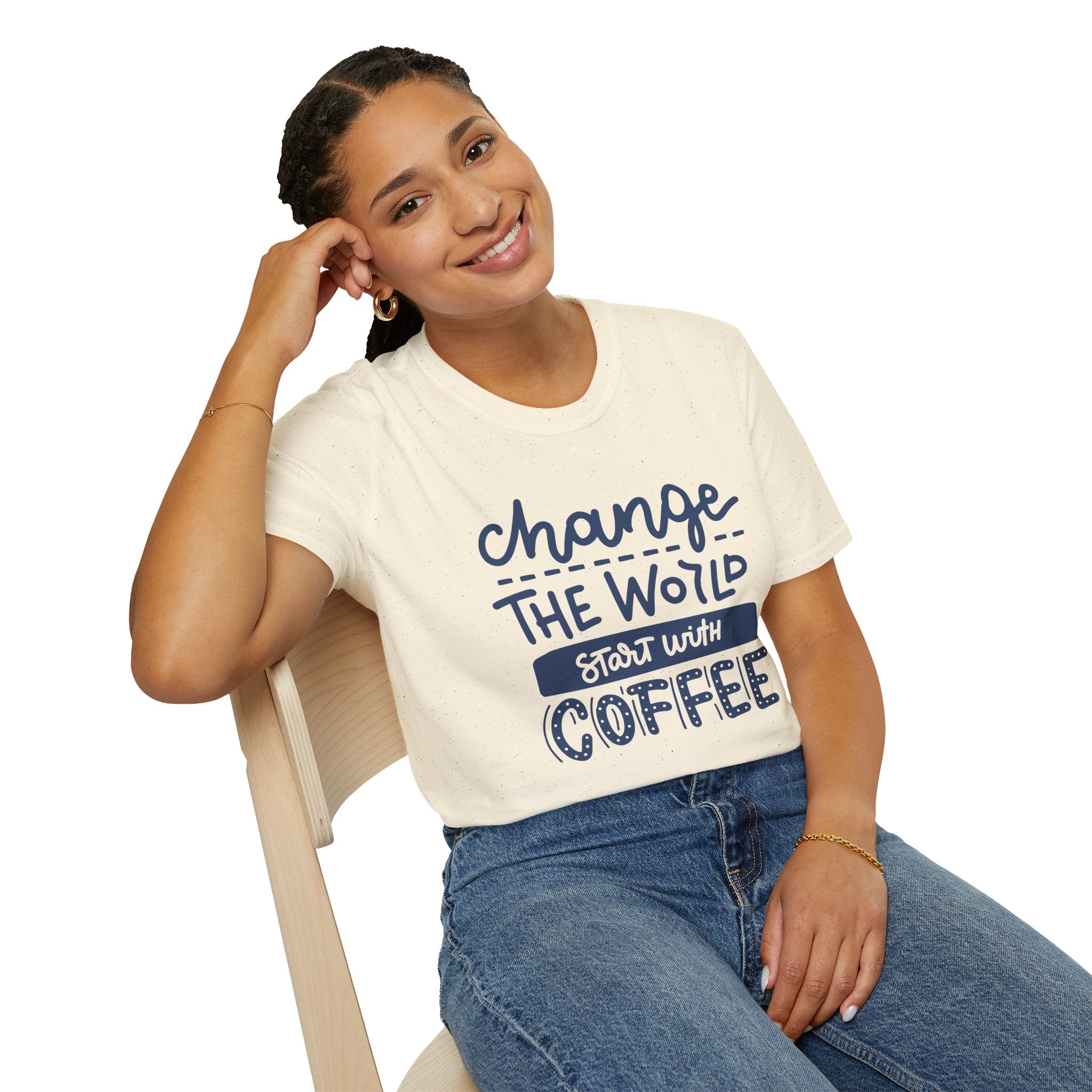 Change The World, Start With Coffee - Unisex Softstyle T-Shirt