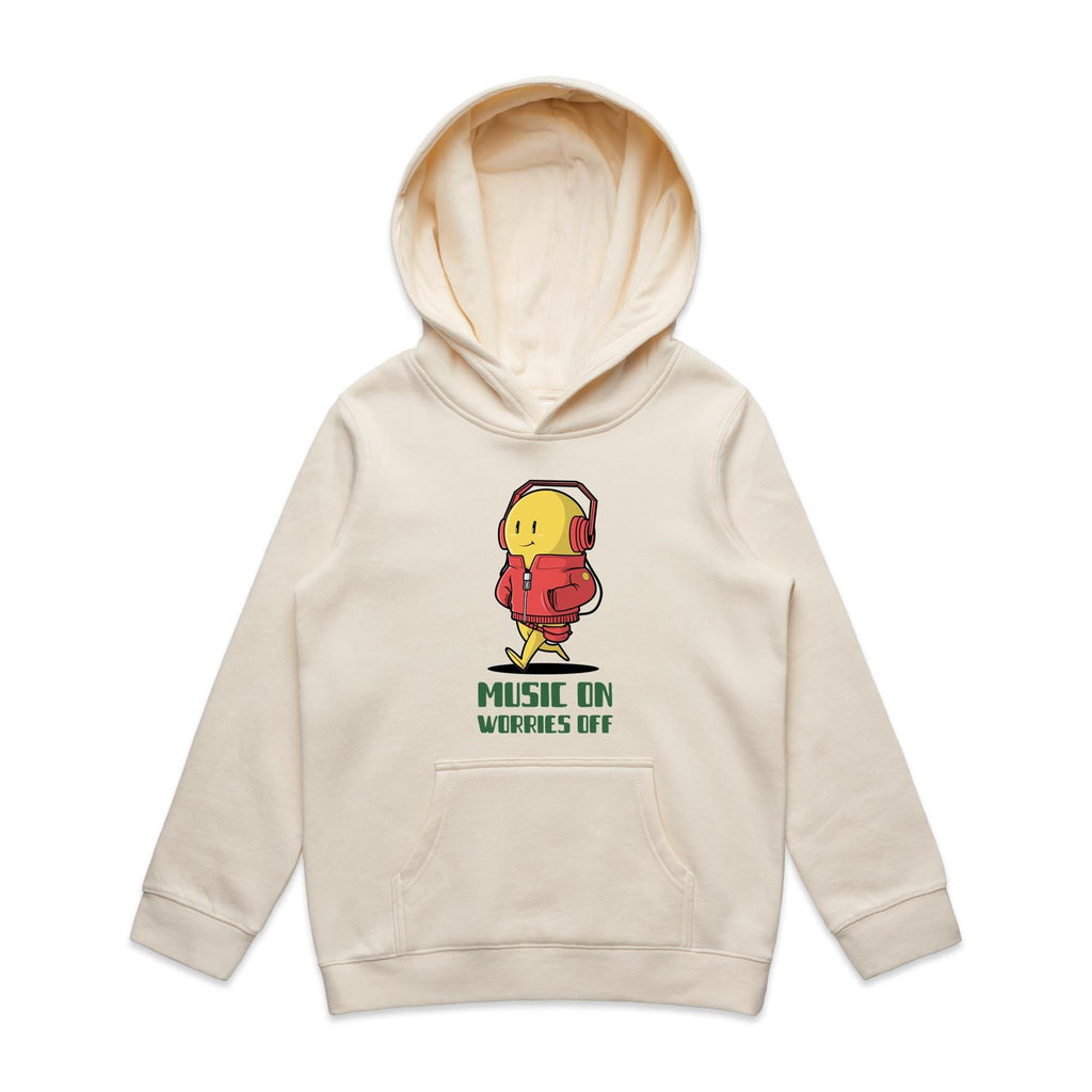 Music On, Worries Off - Kids Hoodie Ecru Kids Hoodie Printed In Australia