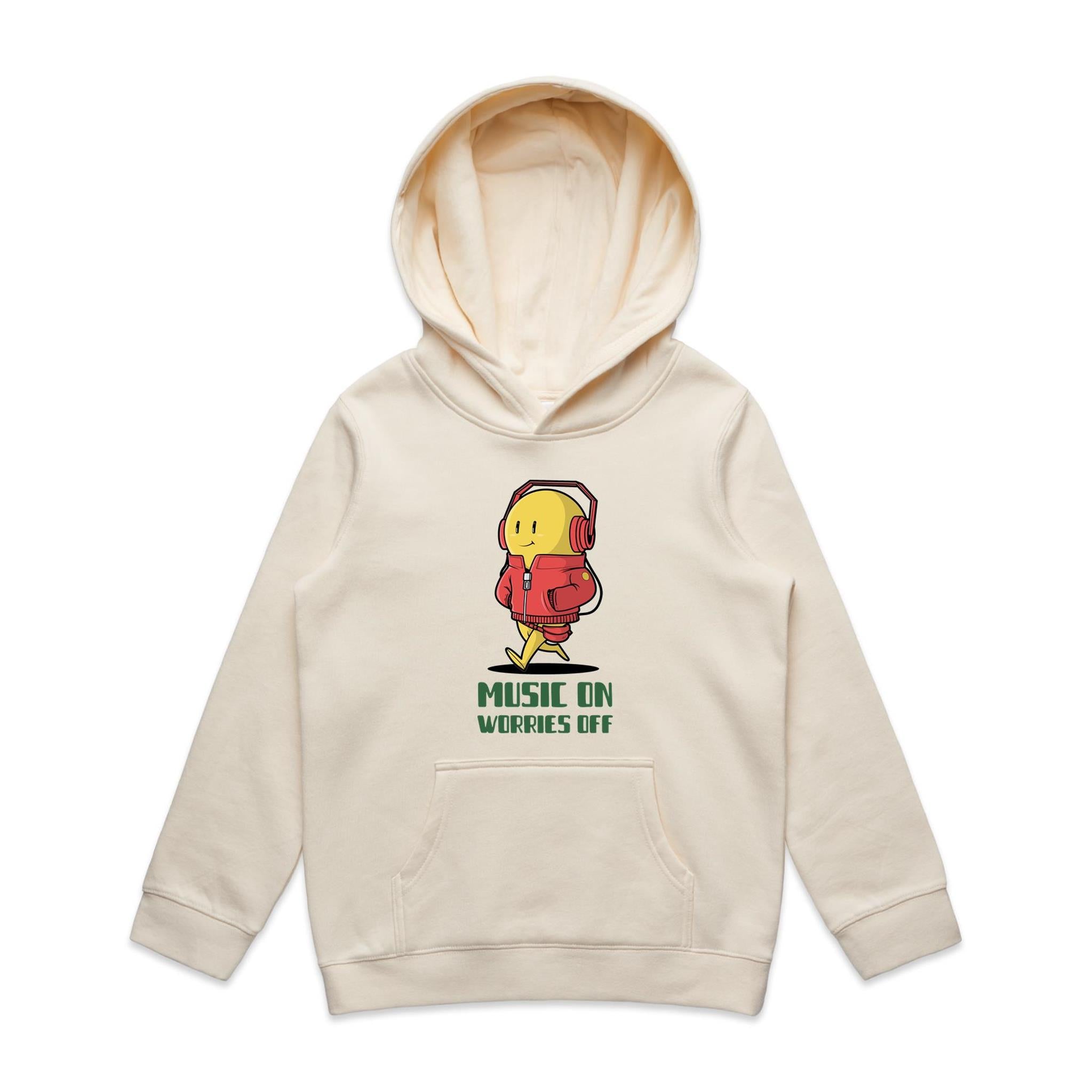 Music On, Worries Off - Kids Hoodie Ecru Kids Hoodie Printed In Australia