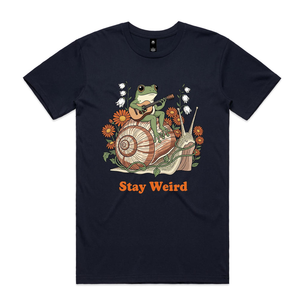 Stay Weird, Guitar Playing Frog On A Snail Men's AS Colour T-shirt Navy Mens T-shirt animal Music Printed In Australia