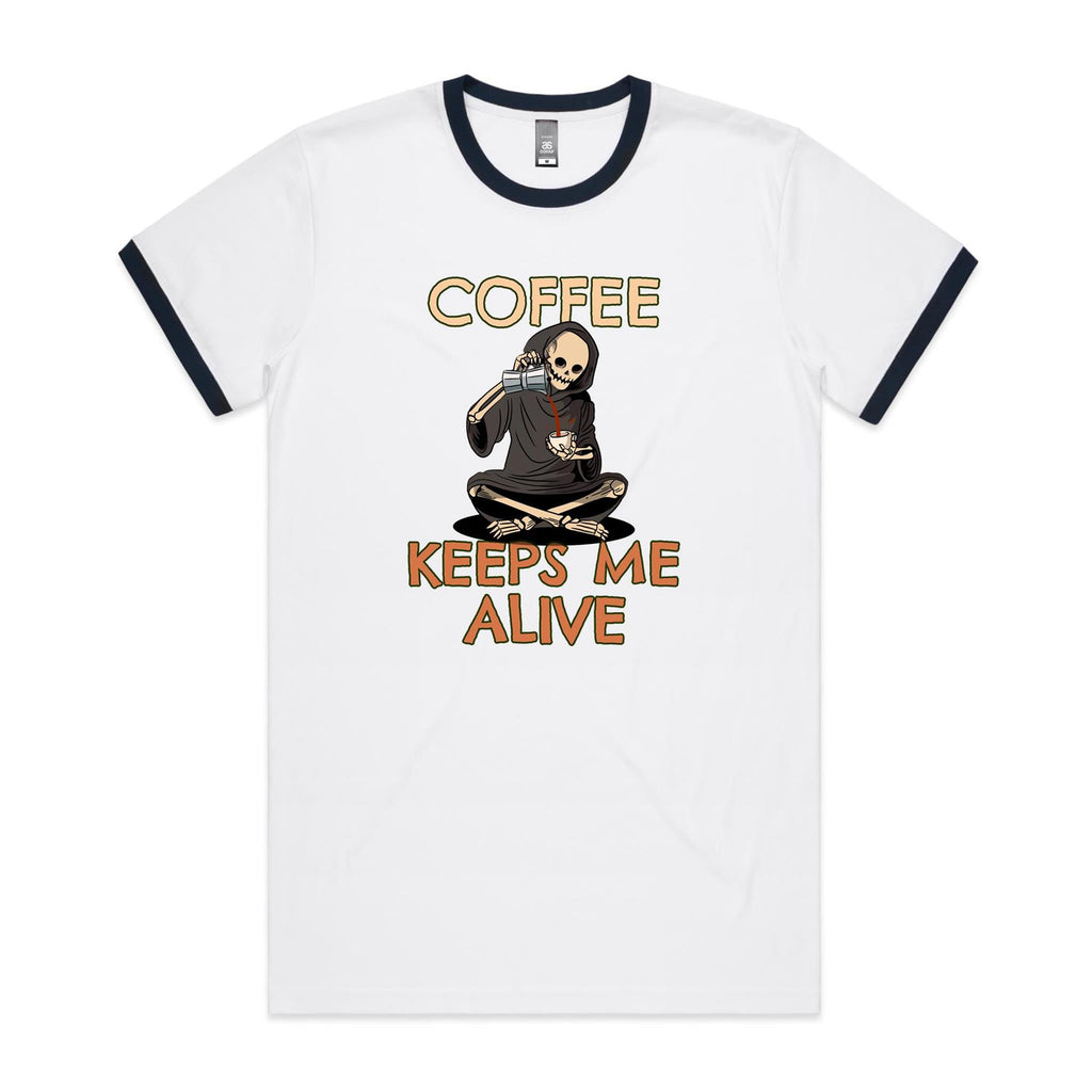 Coffee Keeps Me Alive, Skeleton - Staple Ringer Tee White Navy Ringer T-Shirt Coffee Printed In Australia
