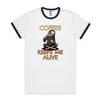 Coffee Keeps Me Alive, Skeleton - Staple Ringer Tee White Navy Ringer T-Shirt Coffee Printed In Australia