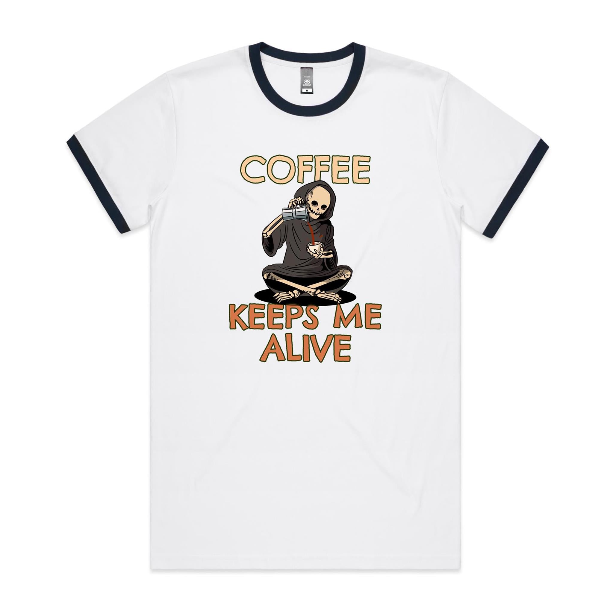 Coffee Keeps Me Alive, Skeleton - Staple Ringer Tee White Navy Ringer T-Shirt Coffee Printed In Australia
