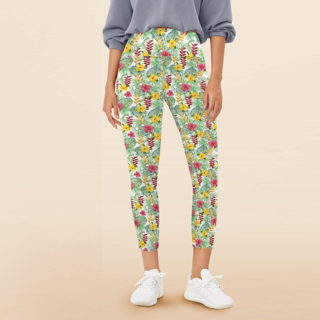Tropical Flowers On White Women's High Waist Pockets Yoga Leggings 5XL Women's High Waist Pockets Yoga Leggings Plants Printed Offshore