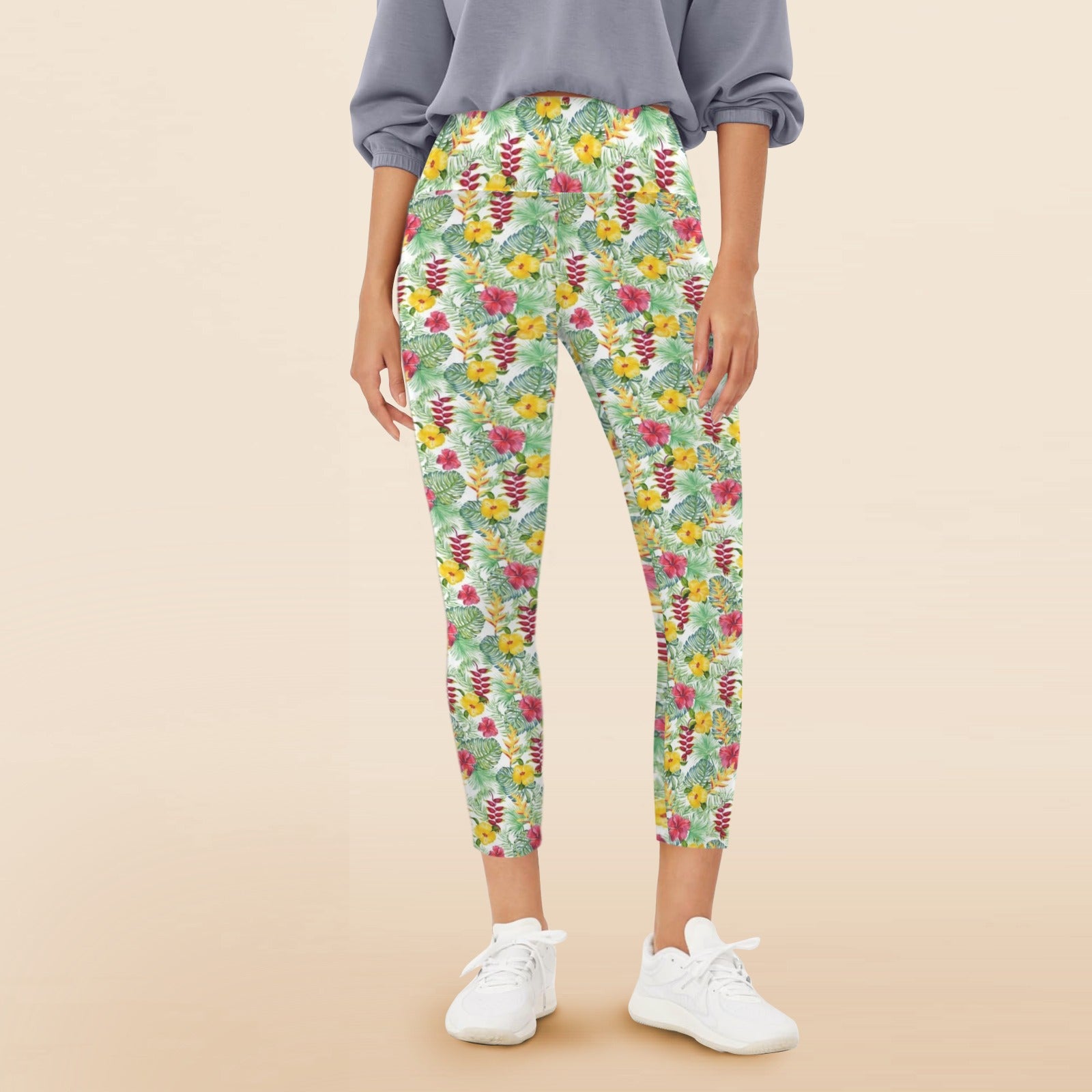 Tropical Flowers On White Women's High Waist Pockets Yoga Leggings 5XL Women's High Waist Pockets Yoga Leggings Plants Printed Offshore