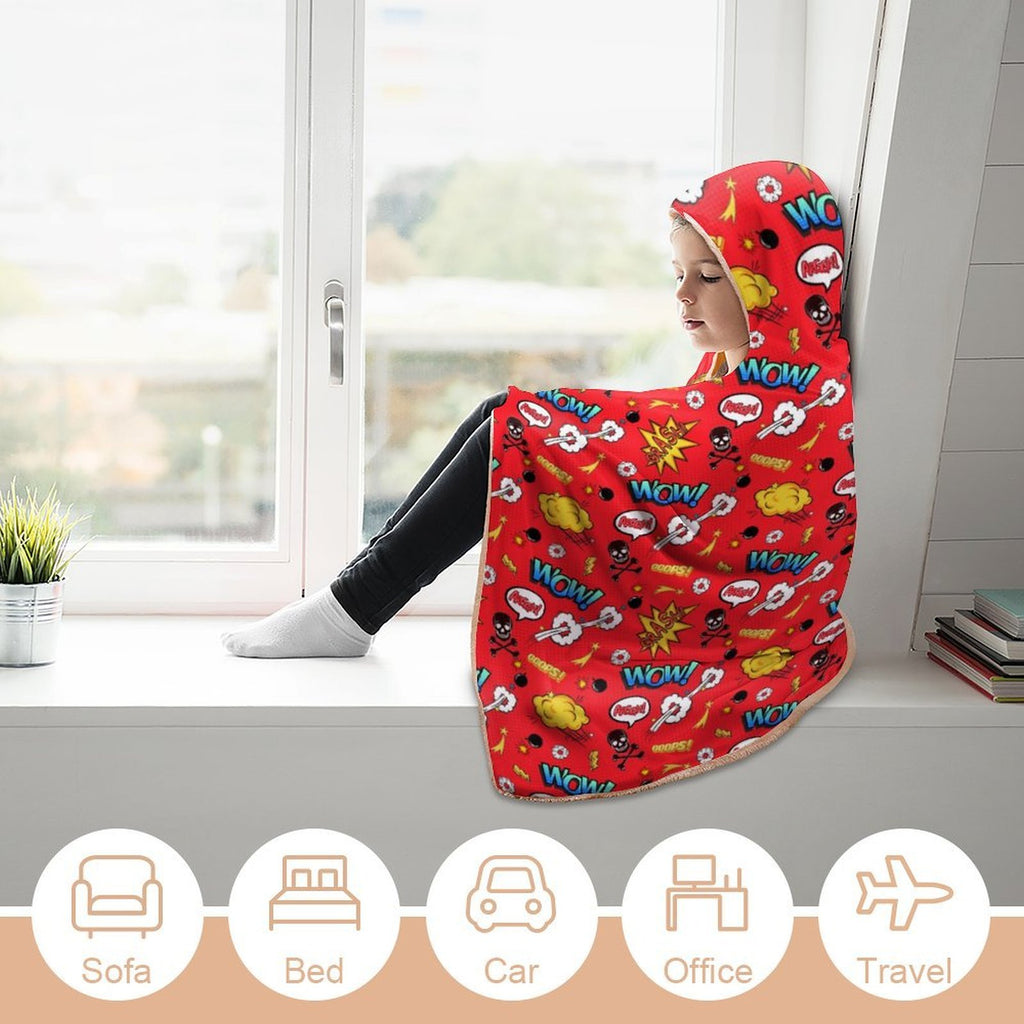 Red Comic Book Kids Hooded Blanket 100cm x 130cm Kids Hooded Blanket comic Printed Offshore