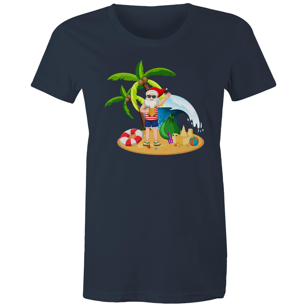 Summer Surf Santa - Womens T-shirt Navy Womens Christmas T-shirt Christmas Printed In Australia