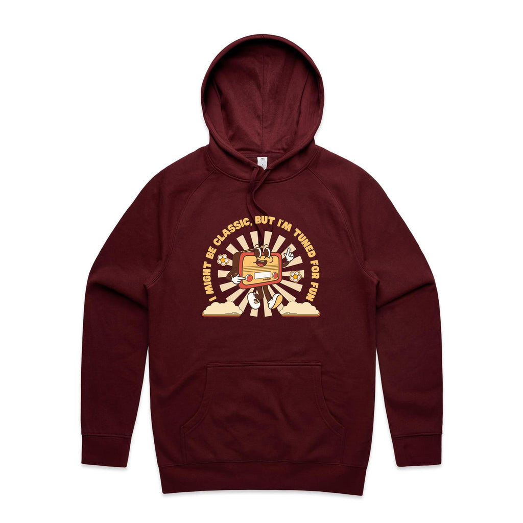 I Might Be Classic But I'm Tuned For Fun, Old Radio - Mens Hoodie Burgundy Mens Hoodie Music Printed In Australia Retro