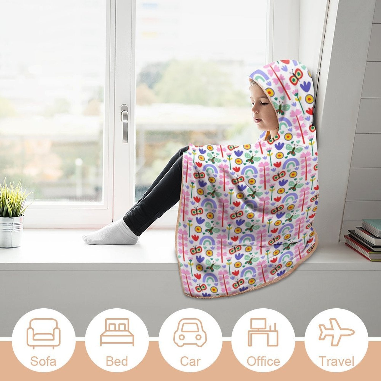 Rainbows And Butterflies Kids Hooded Blanket 100cm x 130cm Kids Hooded Blanket Printed Offshore
