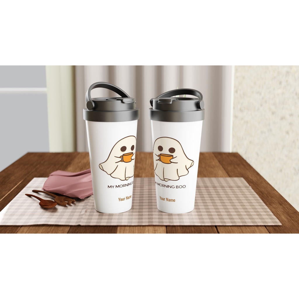 Personalised My Morning Boo, Ghost Coffee White 15oz Stainless Steel Travel Mug Personalised Travel Mug Coffee Customise Globally Fulfilled Personalise Sci Fi