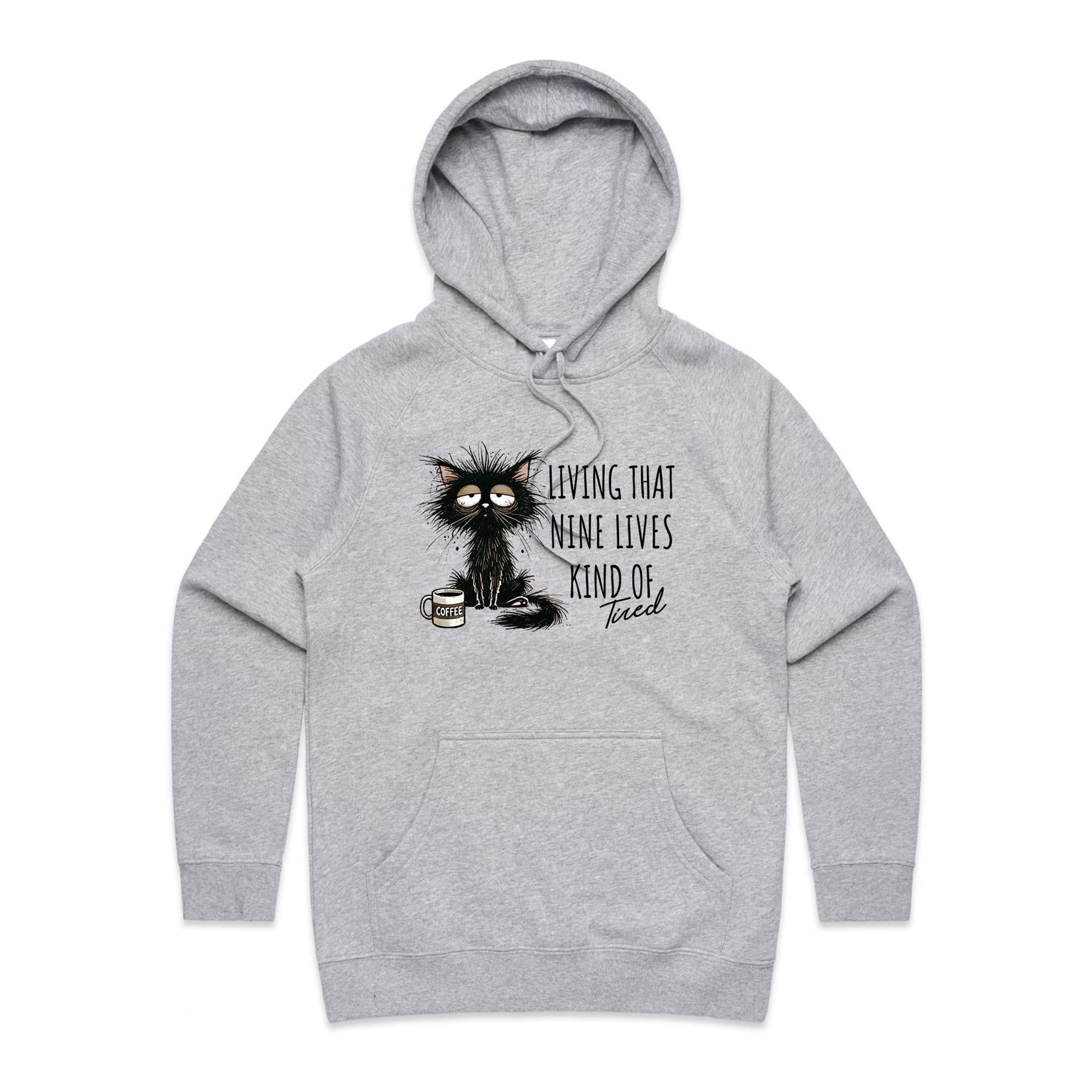 Living That Nine Lives Kind Of Tired, Frazzled Cat - Womens Hoodie Grey Marle Womens Hoodie animal Coffee Printed In Australia