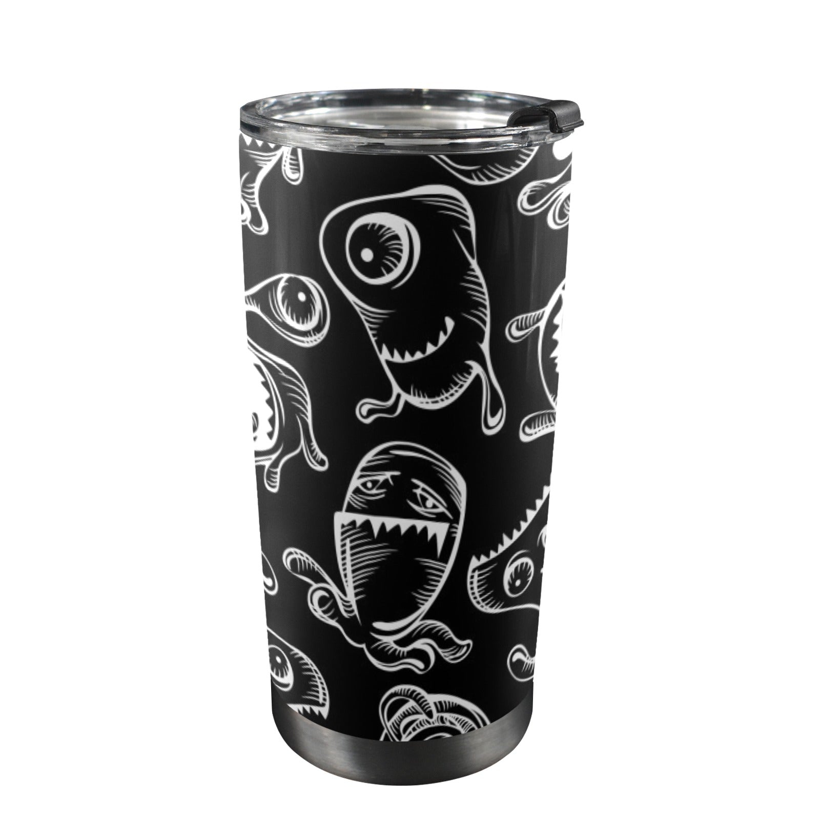 Monsters In Black And White - 20oz Mobile Tumbler with Lid (Black Lock) One Size 20oz Travel Mug Printed Offshore Sci Fi