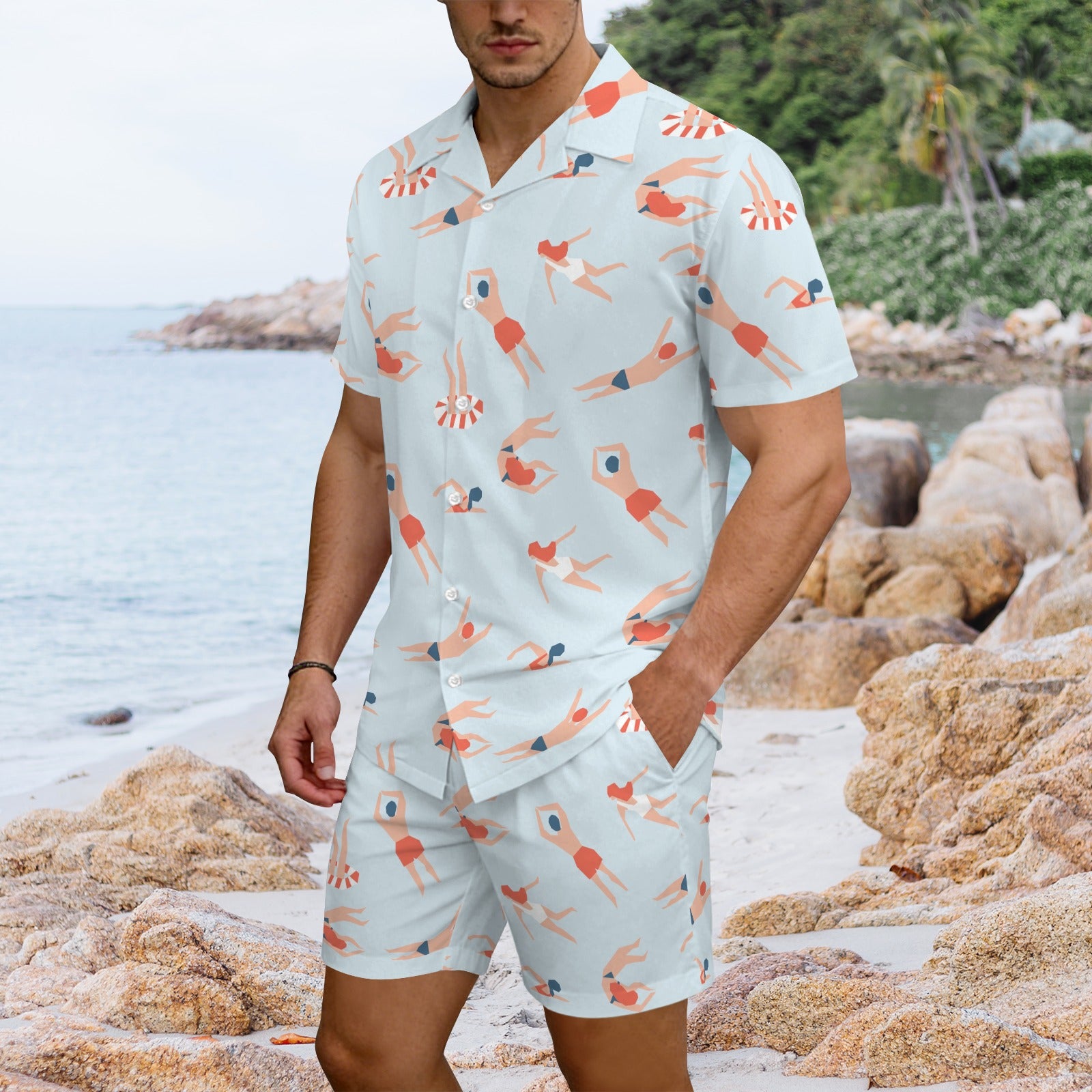 Summer Swim Men's Hawaiian Shirt & Shorts Set Men's Hawaiian Shirt & Shorts Set Printed Offshore Summer