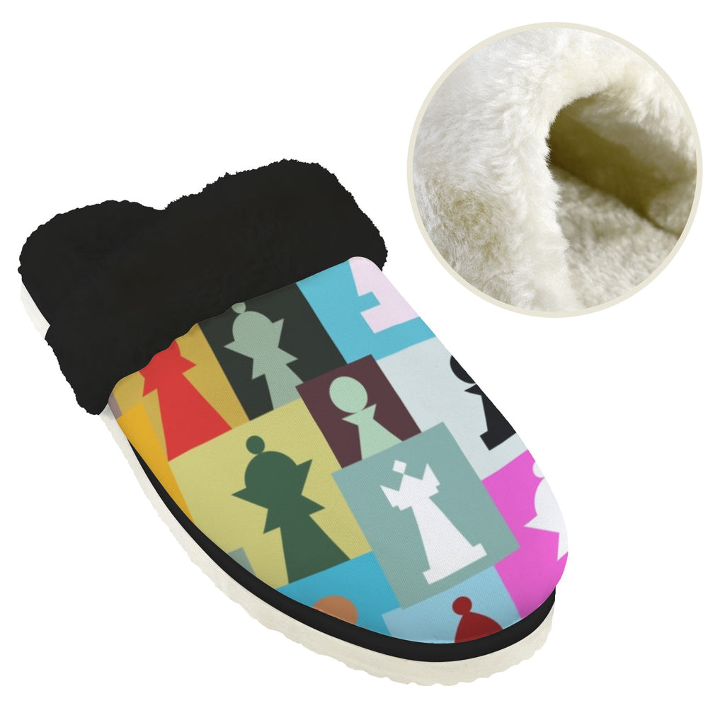 Colourful Chess Men's Fur Trim Thick-Sole Indoor Slippers Men's Fur Trimmed Slippers Chess Games Printed Offshore