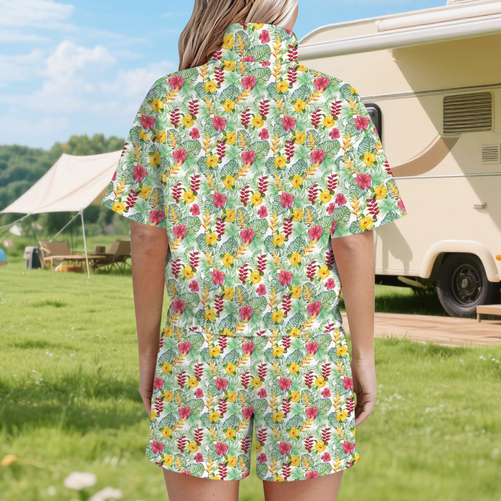 Tropical Flowers On White Women's Windbreaker Short Set Women's Windbreaker Short Set Plants Printed Offshore