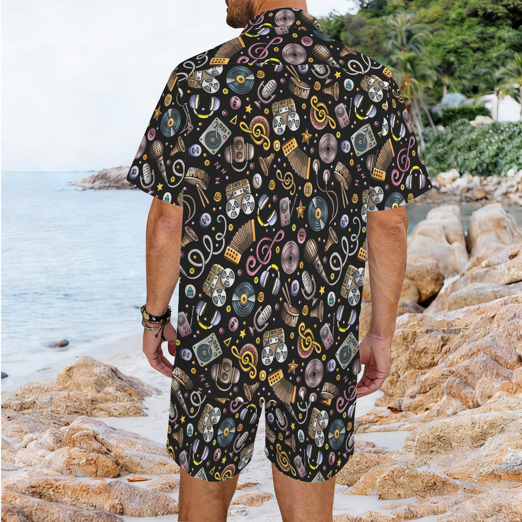 Retro Music Mix Men's Hawaiian Shirt & Shorts Set Men's Hawaiian Shirt & Shorts Set Music Printed Offshore