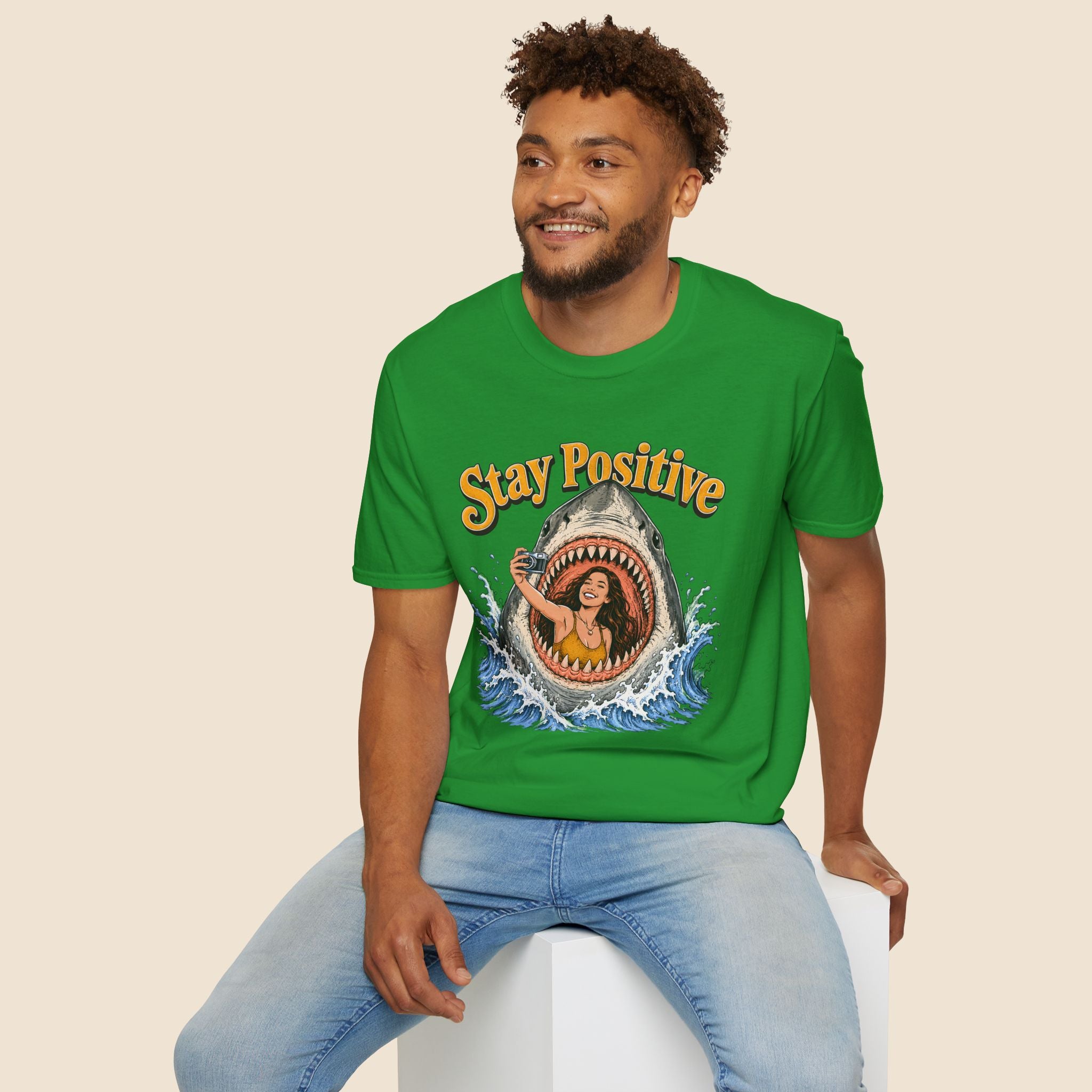 Stay Positive Shark Selfie Unisex T-Shirt Irish Green Unisex Adult T-shirt Globally Fulfilled Ocean Retro