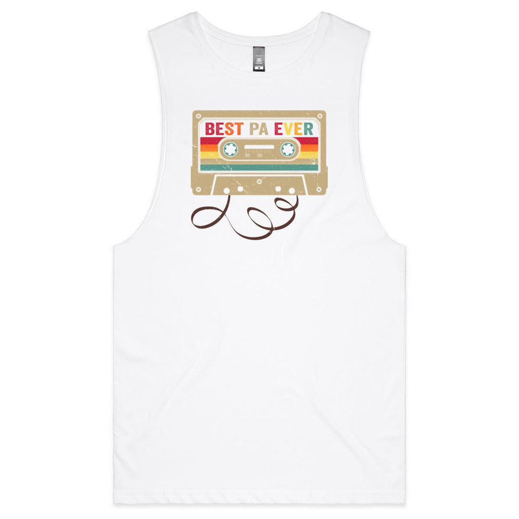 Best Pa Ever, Cassette Tape Mens Men's AS Colour Drop Arm Tank Top White Drop Arm Tank Top Dad Music Printed In Australia Retro