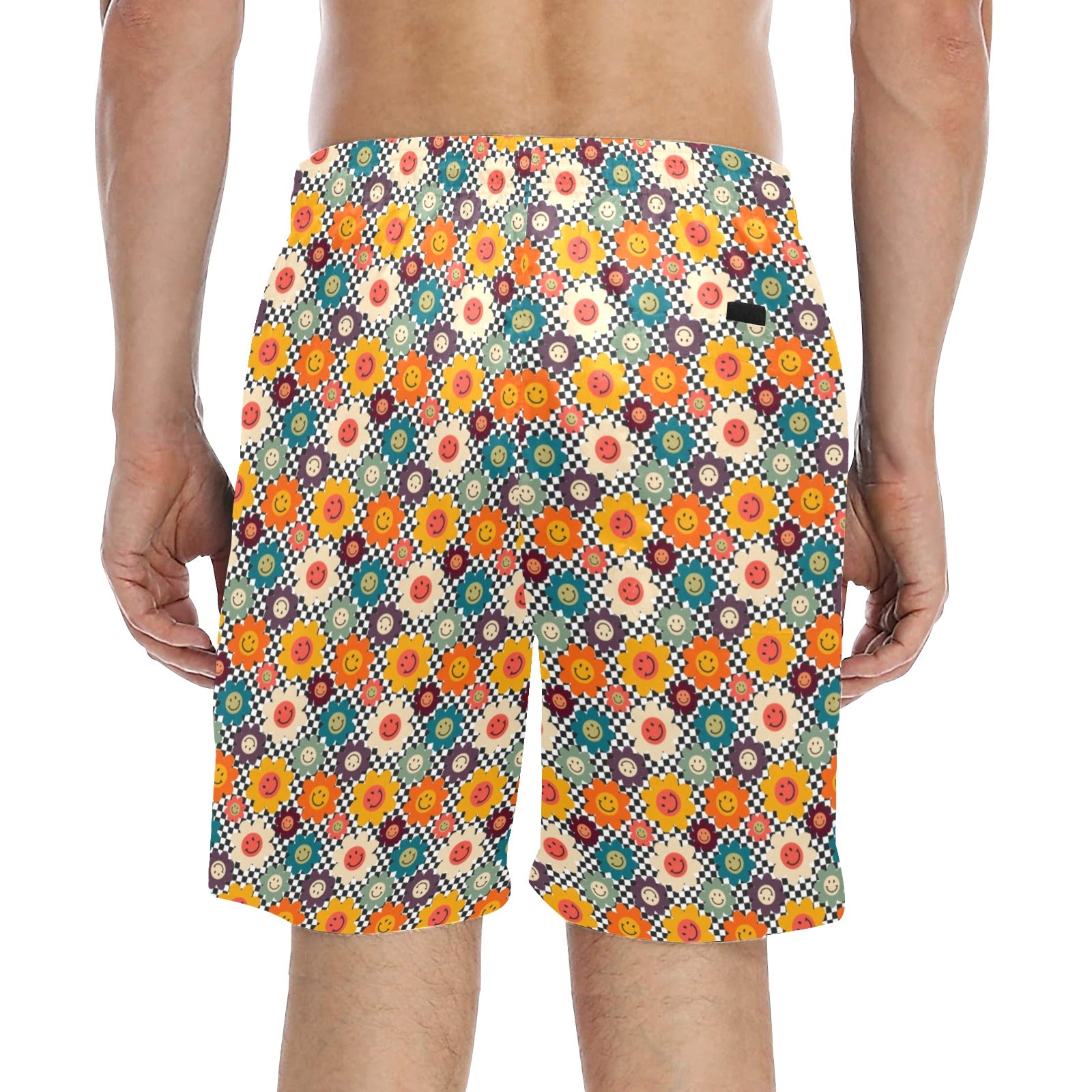 Happy Retro Flowers - Men's Mid-Length Beach Shorts Men's Mid-Length Beach Shorts Printed Offshore Retro