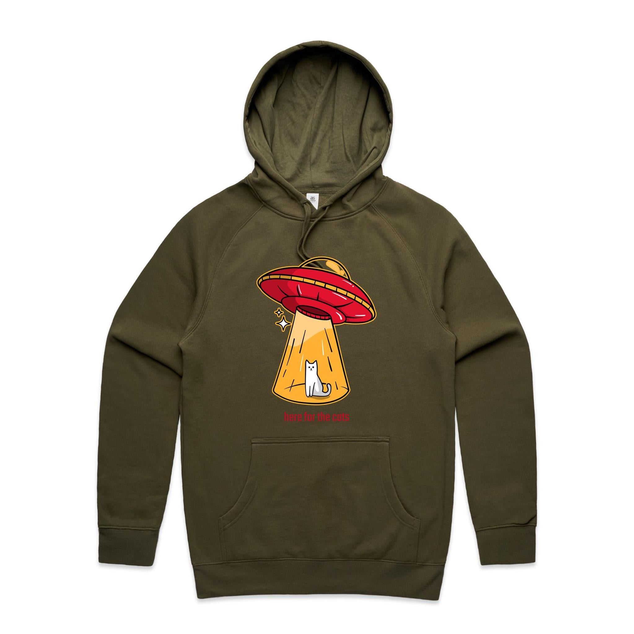 UFO, Here For The Cats - Mens Hoodie Army Mens Hoodie animal Printed In Australia Sci Fi