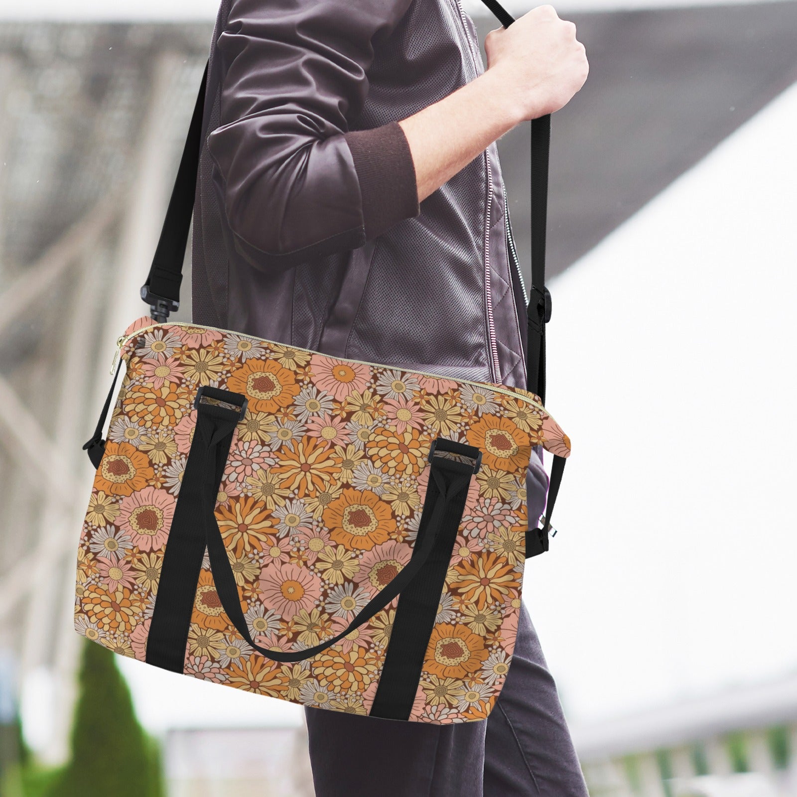 Orange Retro Floral Duffle Bag-Simple (Model 1715) Duffle Bag-Simple (1715)