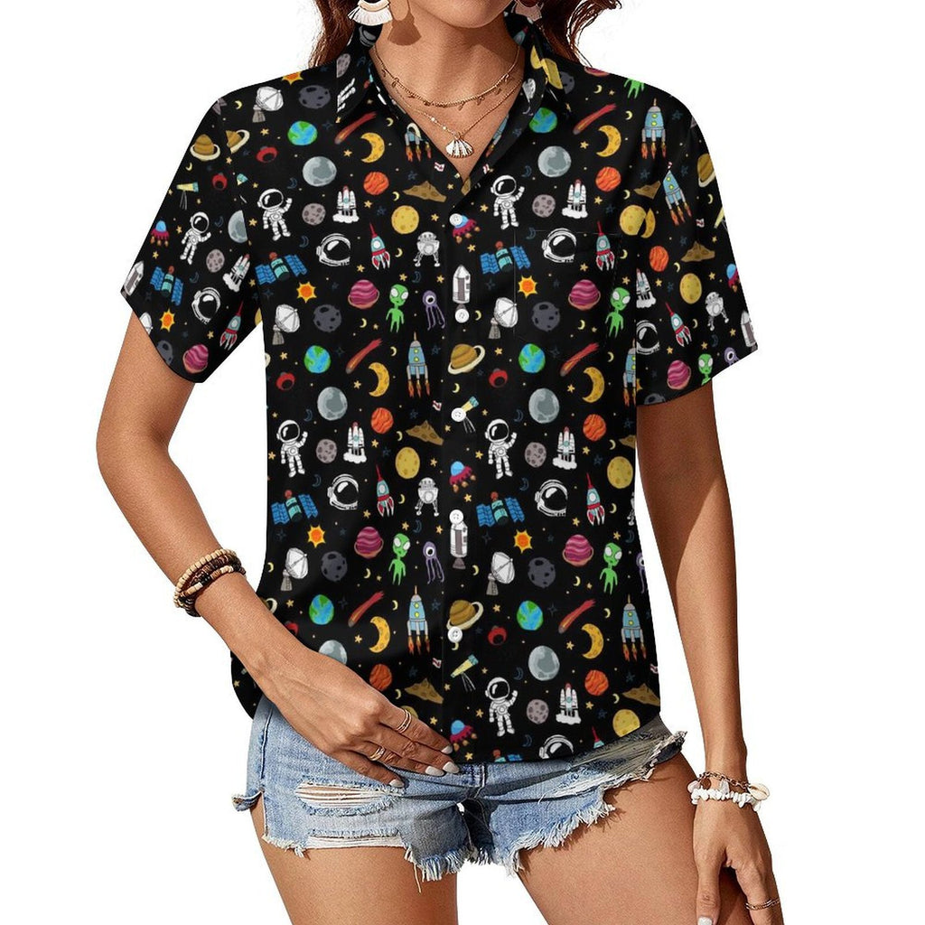 Fun Space Women's Short-Sleeve Button Up Shirt white Women's Short-Sleeve Button Up Shirt Printed Offshore Space