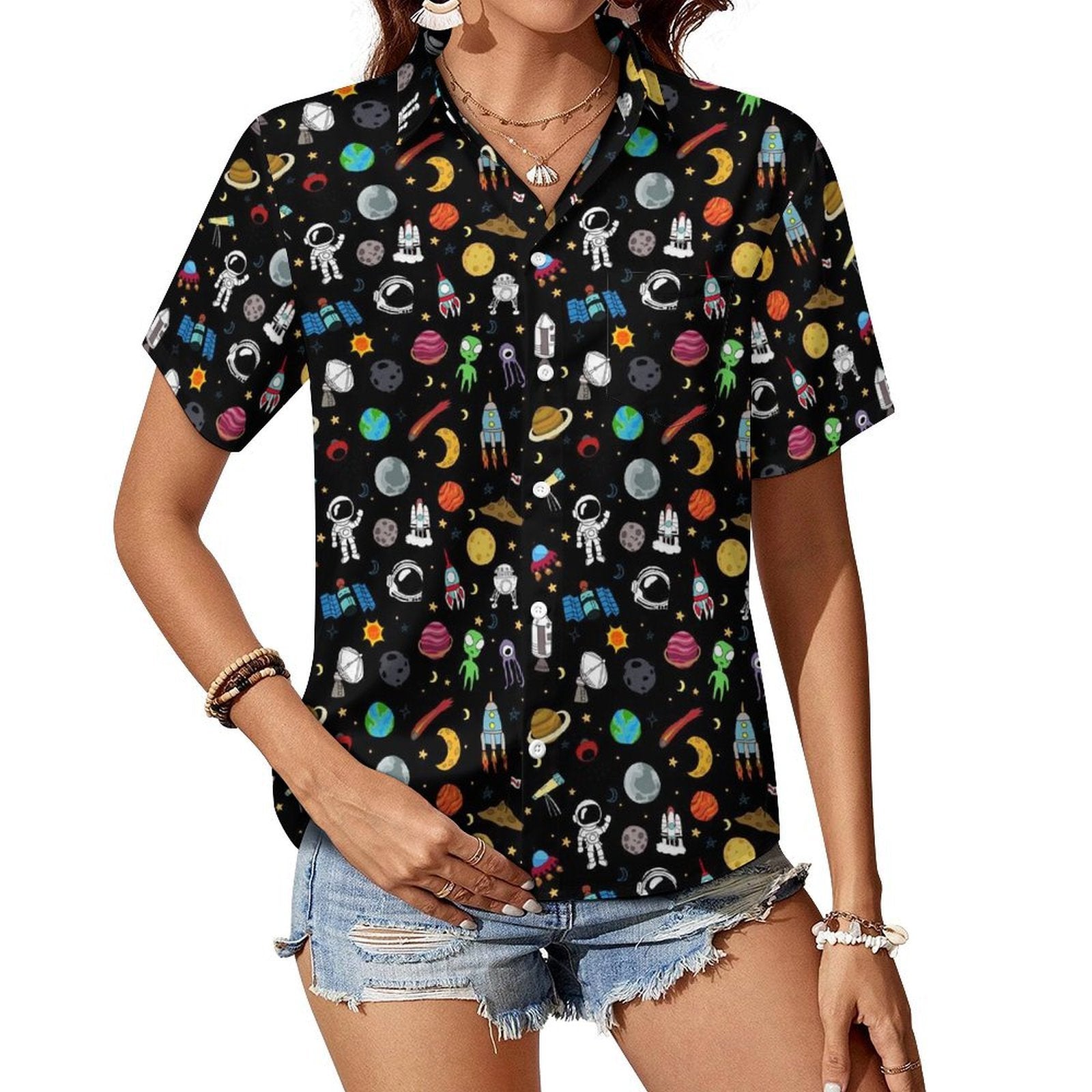 Kids Space Women's Short-Sleeve Button Up Shirt white Women's Short-Sleeve Button Up Shirt Printed Offshore Space