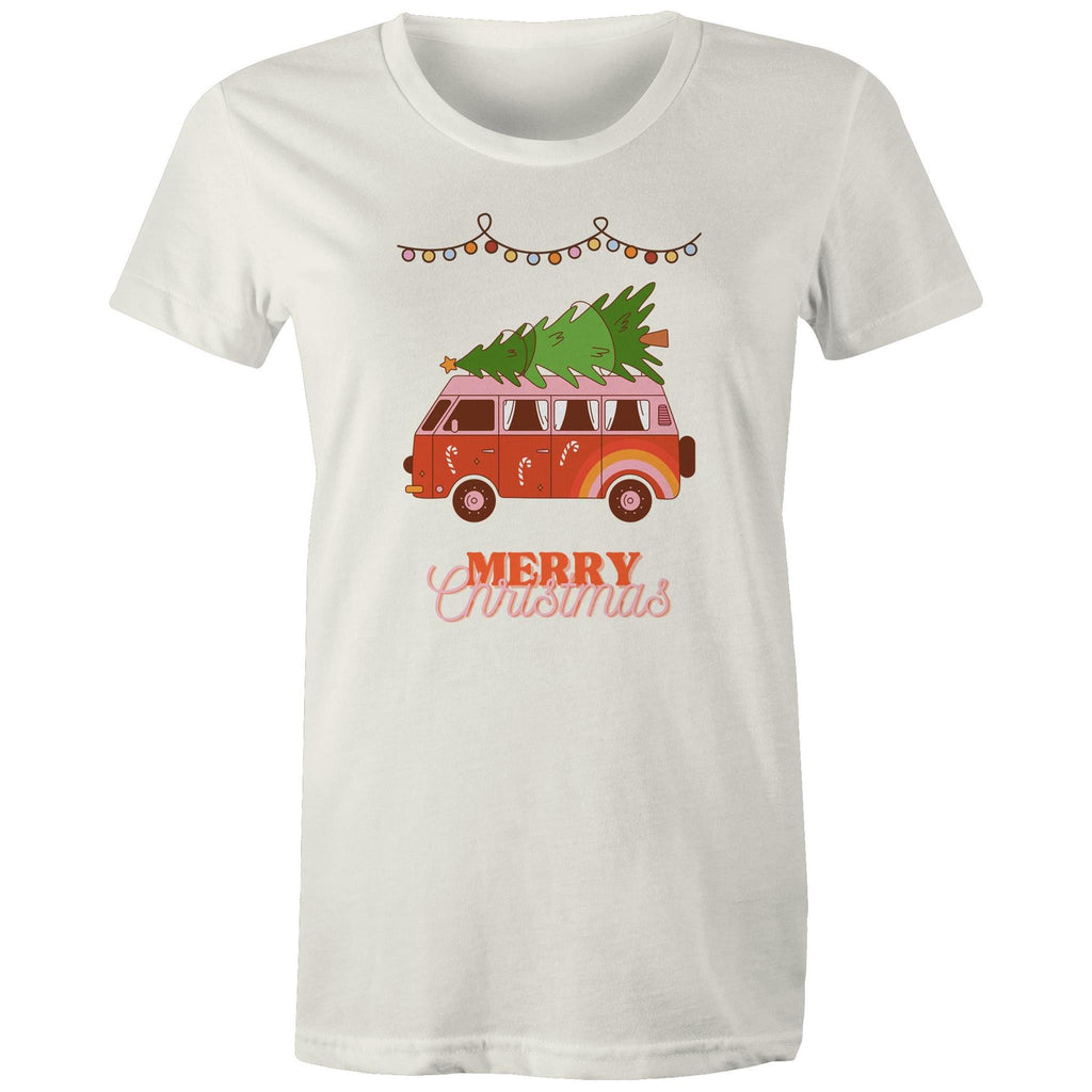 Merry Christmas, Hippy Van - Womens T-shirt Natural Womens Christmas T-shirt Christmas Printed In Australia