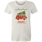Merry Christmas, Hippy Van - Womens T-shirt Natural Womens Christmas T-shirt Christmas Printed In Australia