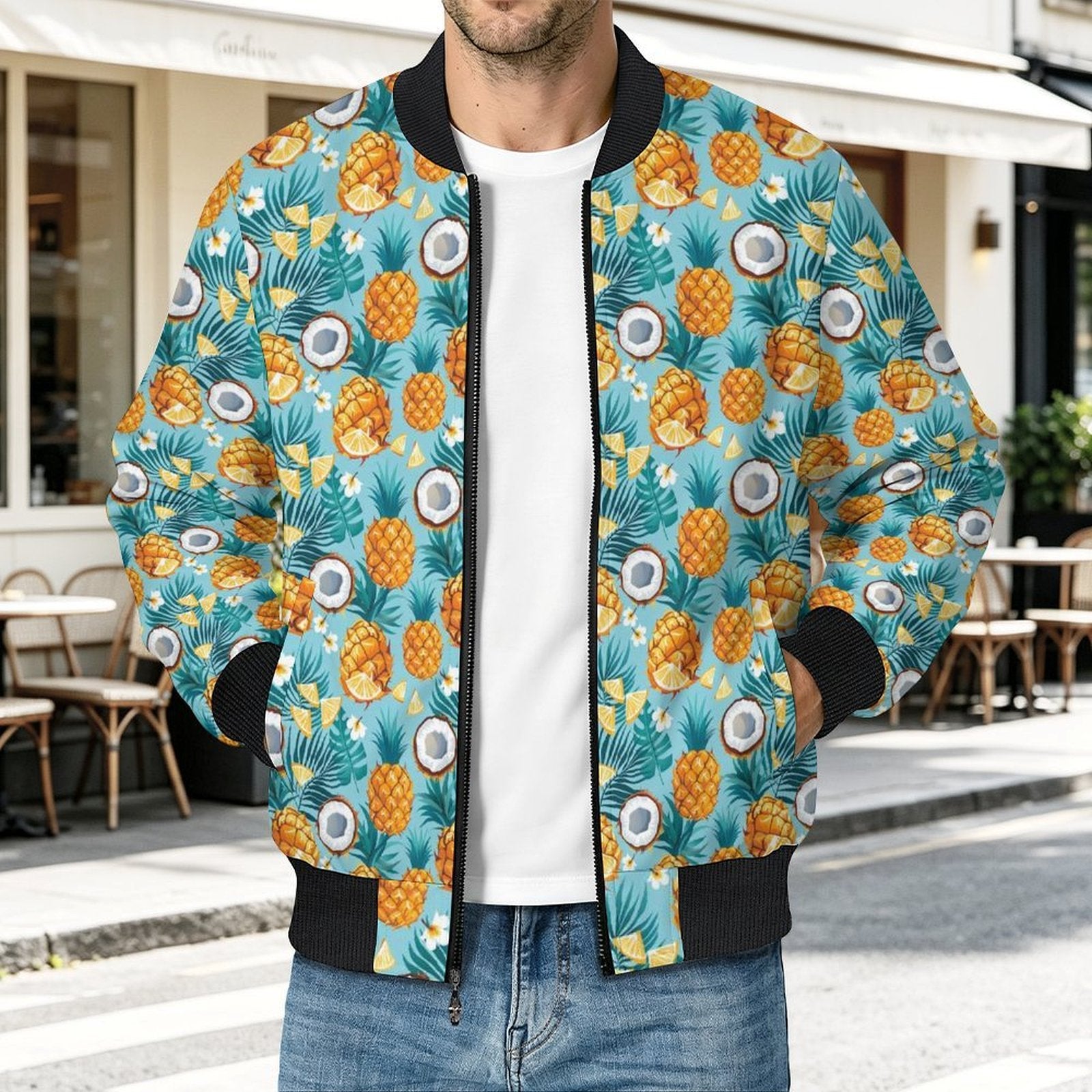 Pineapple Coconut Men's Casual Zip‑Up Bomber Jacket
