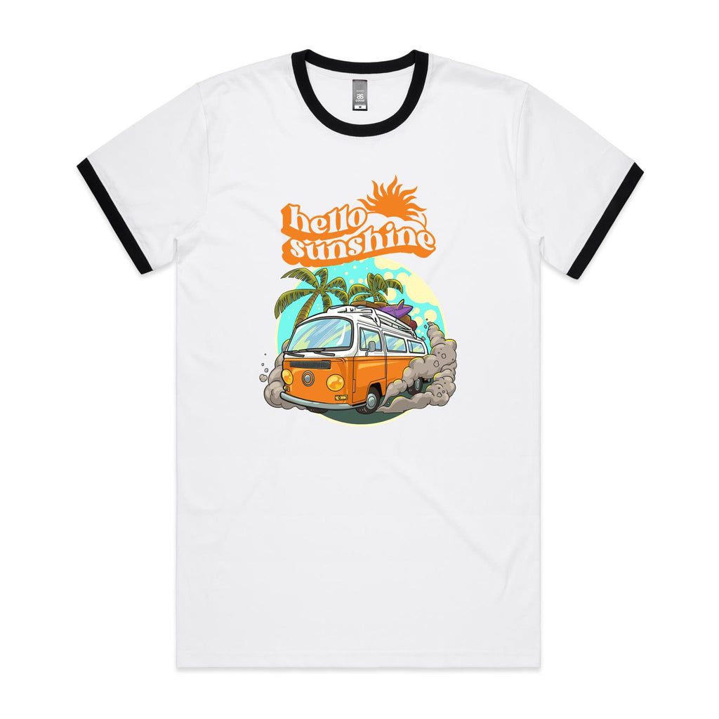 Hello Sunshine, Beach Van - Staple Ringer Tee White Black Ringer T-Shirt Printed In Australia Summer Surf